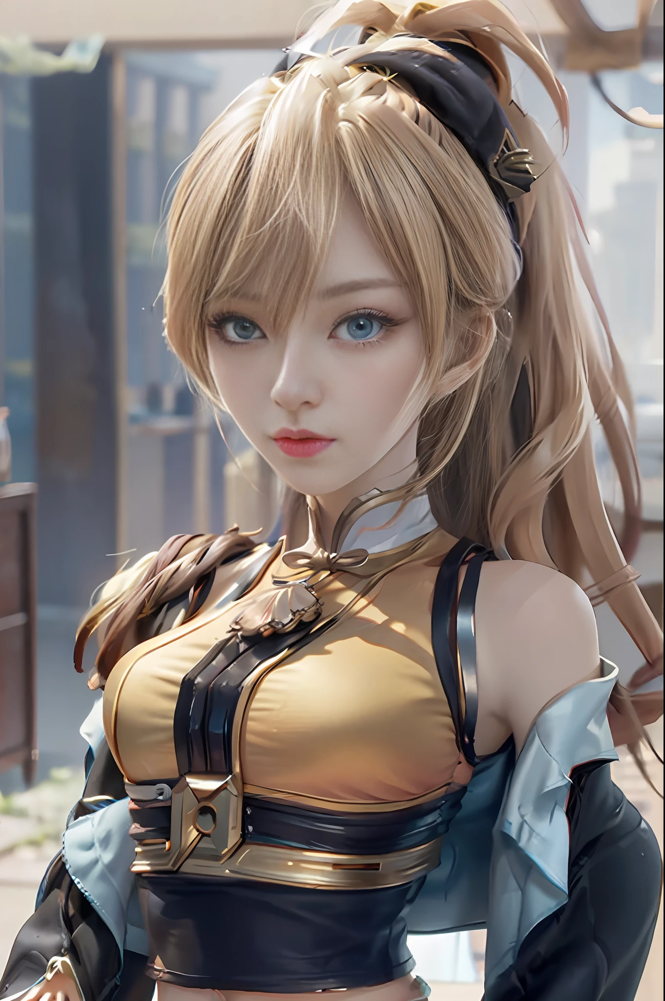 (Masterpiece, Best Quality, Big Breasts, Realism, Real, Photo: 1.4), Ji Xiaoman, Blonde, (Ulzzang-6500-V1.1:0.7), Very cute face, blue eyes, upper body, Big breasts, Real, photo