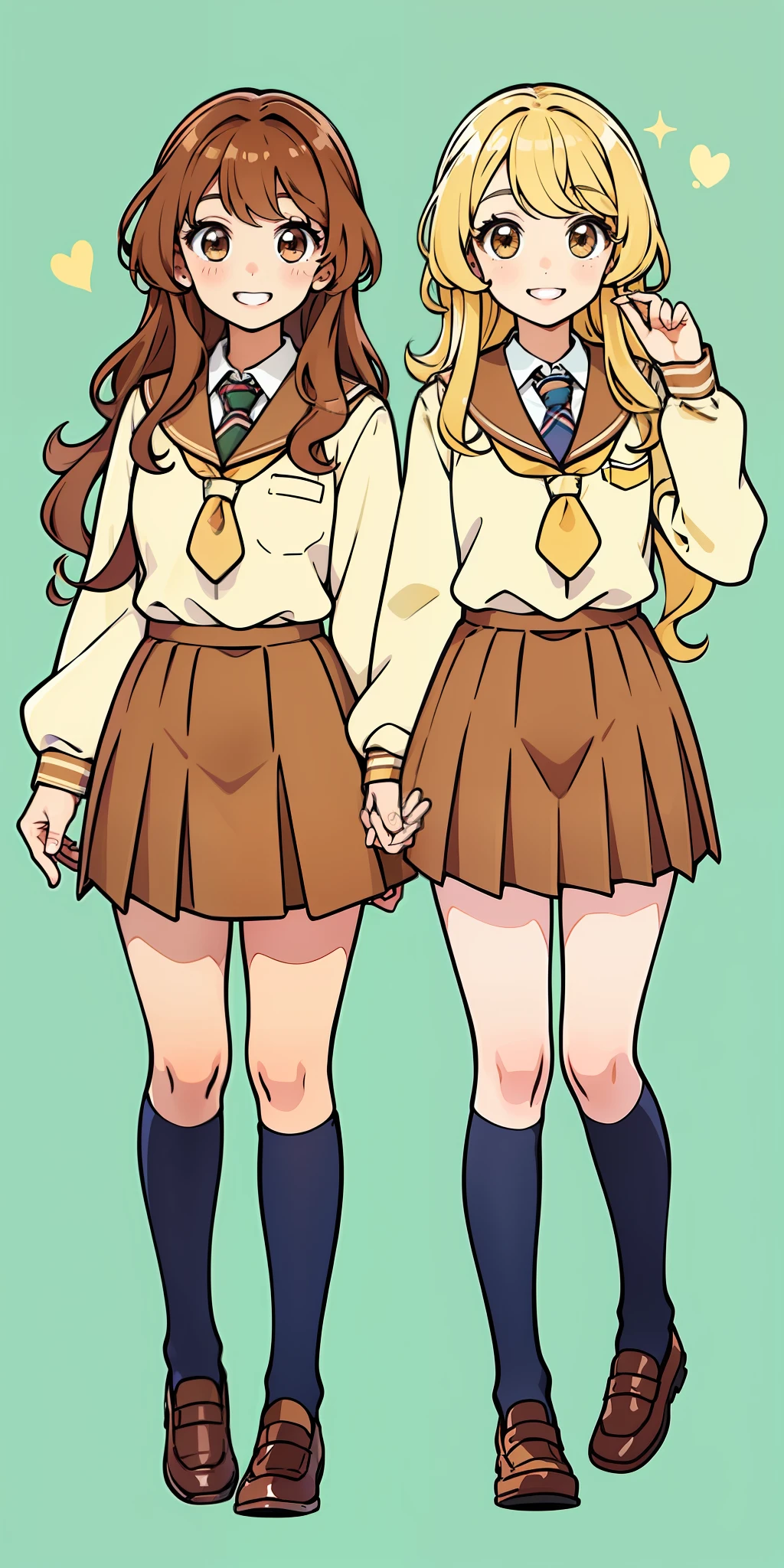 Woman, brown hair, wavy hair, hazel eyes, extremely detailed, smile, school uniform, full body shot, matching outfits, identical outfits, twin sisters, blonde hair, different hair colors