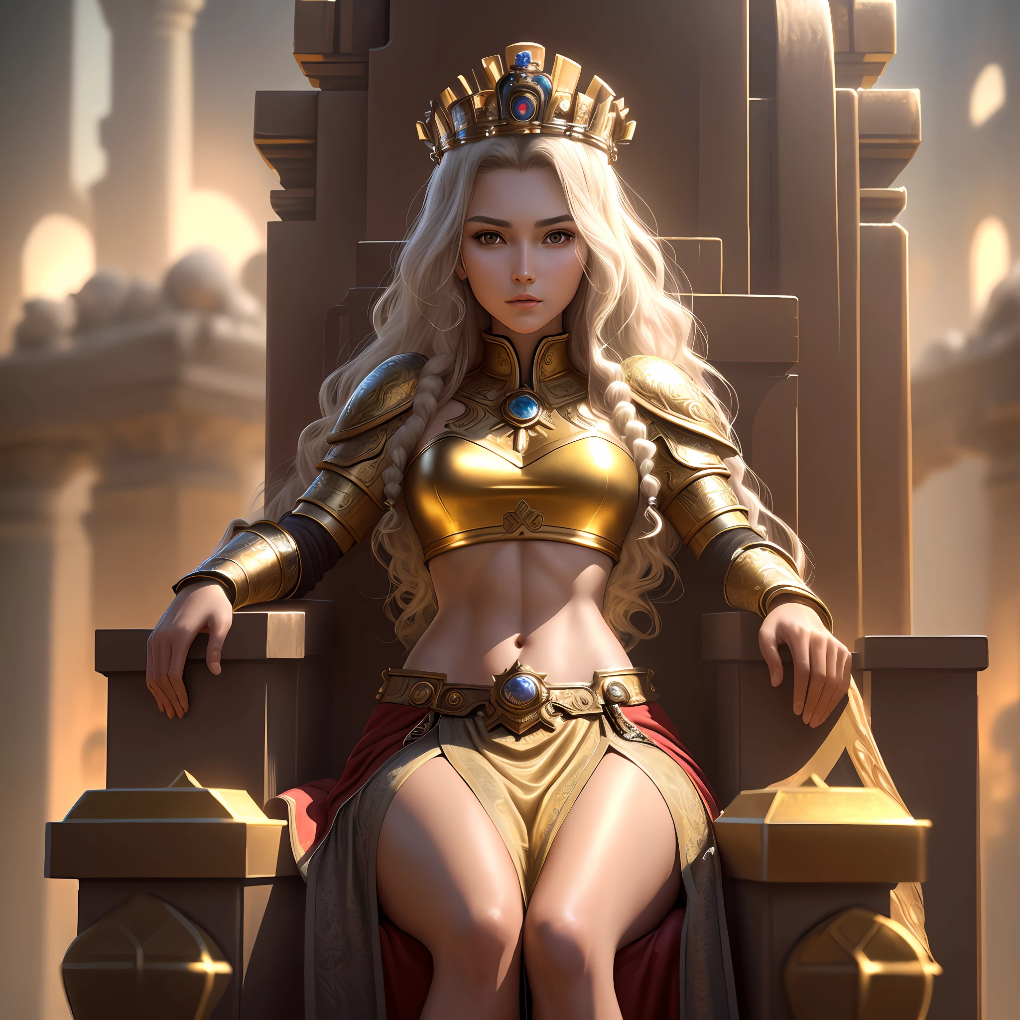 best quality, masterpiece, highres, photorealistic, ultra realistic, tyndall sun effect, photorealistic, dark studio, rim lighting, tone lighting, (high detailed skin:), 8k uhd, dslr, soft lighting, high quality, volumetric lighting, candid, photography, high resolution, 4k, 8k, bokeh, ultra realistic 8k cg, (epic: , perfect art, masterpiece, ancient dynasty, medieval, fantasy), (((detailed background)))), 20yo Queen Fresh model, shredded, (A stunning beauty), (stunning facial features, detailed hair), (((midriff_exposed))), dynamic angle, ((((throne room)))), amazing incredibly beautiful, sitting on throne, shiny wavy hair, shiny golden wet skin, full body portrait, glamour, perfect soft curves, perfect body, perfect breasts, full wet lips, ultra realistic, sun, anime, 8arms,
