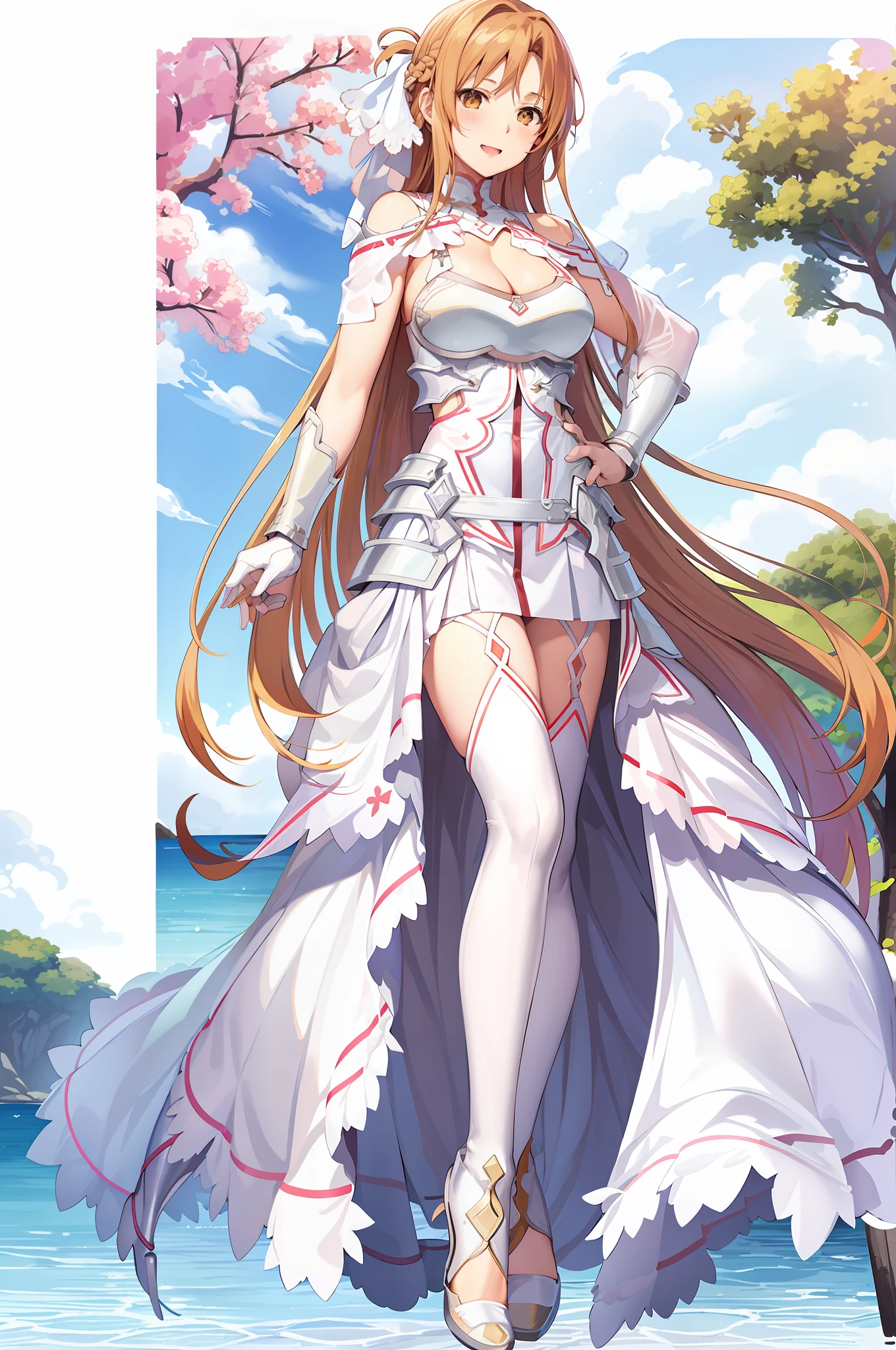 stacia, asuna, asuna_\(sao\), 1girl, (sexy pose:1.4), fantasy, highres,  looking_away, looking_to_the_side,  original, realistic,   scenery,  close_up, upper_body, (draw sword), smiling, solo, (potruding nipple:1.2), long hair, (huge breasts:1.3), looking at viewer, smile, open mouth, bangs ,detailed eyes, beautiful background, (summer, beach), hands on the chest, orange hair, thighhighs, gloves, dress, (cleavage:1.4), bare shoulders, brown eyes, very long hair, standing, (full body:1.5), white gloves,  white dress, armor, white thighhighs, garter straps, fantasy, white armor,  abec, nsfw