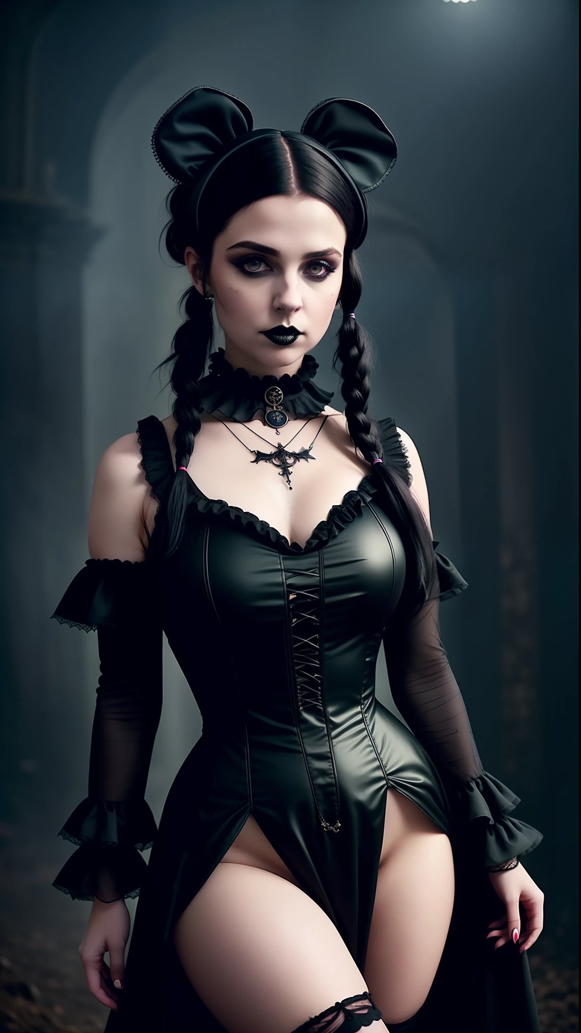 girl, (erotism:1.3), (gothic dress:1.3), highly detailed, black long hair pig tails, empress, black lipstick, Cinematic film still, hdr, cinematic lighting, (volumetric fog:0.7)