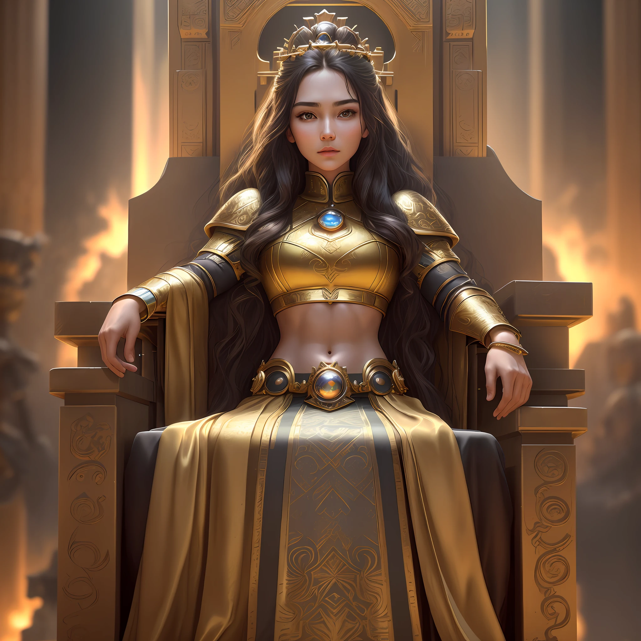 best quality, masterpiece, highres, photorealistic, ultra realistic, tyndall sun effect, photorealistic, dark studio, rim lighting, tone lighting, (high detailed skin:), 8k uhd, dslr, soft lighting, high quality, volumetric lighting, candid, photography, high resolution, 4k, 8k, bokeh, ultra realistic 8k cg, (epic: , perfect art, masterpiece, ancient dynasty, medieval, fantasy), (((detailed background)))), 20yo Queen Fresh model, shredded, (A stunning beauty), (stunning facial features, detailed hair), (((midriff_exposed))), dynamic angle, ((((throne room)))), amazing incredibly beautiful, sitting on throne, shiny wavy hair, shiny golden wet skin, full body portrait, glamour, perfect soft curves, perfect body, perfect breasts, full wet lips, ultra realistic, sun, anime, 8arms,