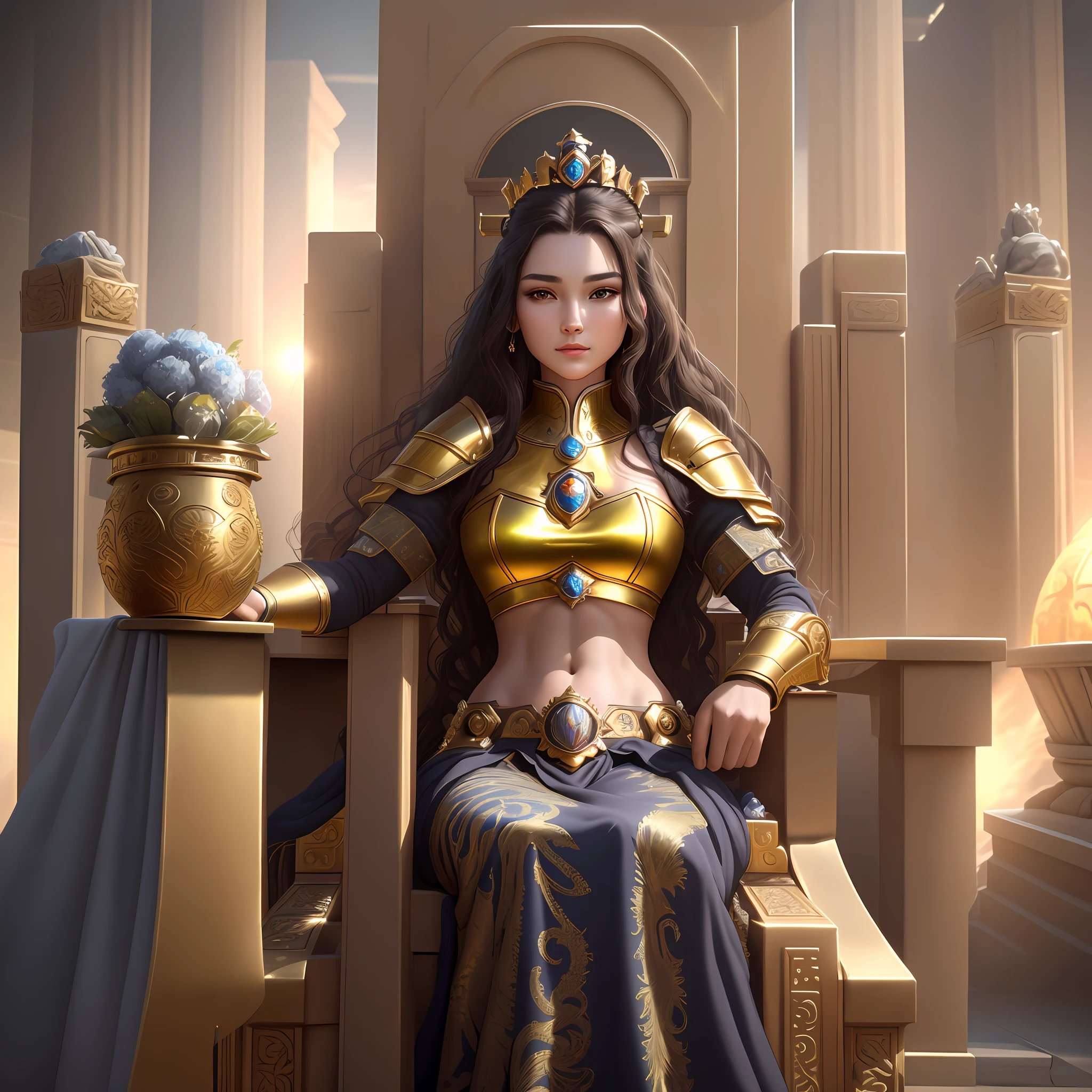 best quality, masterpiece, highres, photorealistic, ultra realistic, tyndall sun effect, photorealistic, dark studio, rim lighting, tone lighting, (high detailed skin:), 8k uhd, dslr, soft lighting, high quality, volumetric lighting, candid, photography, high resolution, 4k, 8k, bokeh, ultra realistic 8k cg, (epic: , perfect art, masterpiece, ancient dynasty, medieval, fantasy), (((detailed background)))), 20yo Queen Fresh model, shredded, (A stunning beauty), (stunning facial features, detailed hair), (((midriff_exposed))), dynamic angle, ((((throne room)))), amazing incredibly beautiful, sitting on throne, shiny wavy hair, shiny golden wet skin, full body portrait, glamour, perfect soft curves, perfect body, perfect breasts, full wet lips, ultra realistic, sun, anime, 8arms,