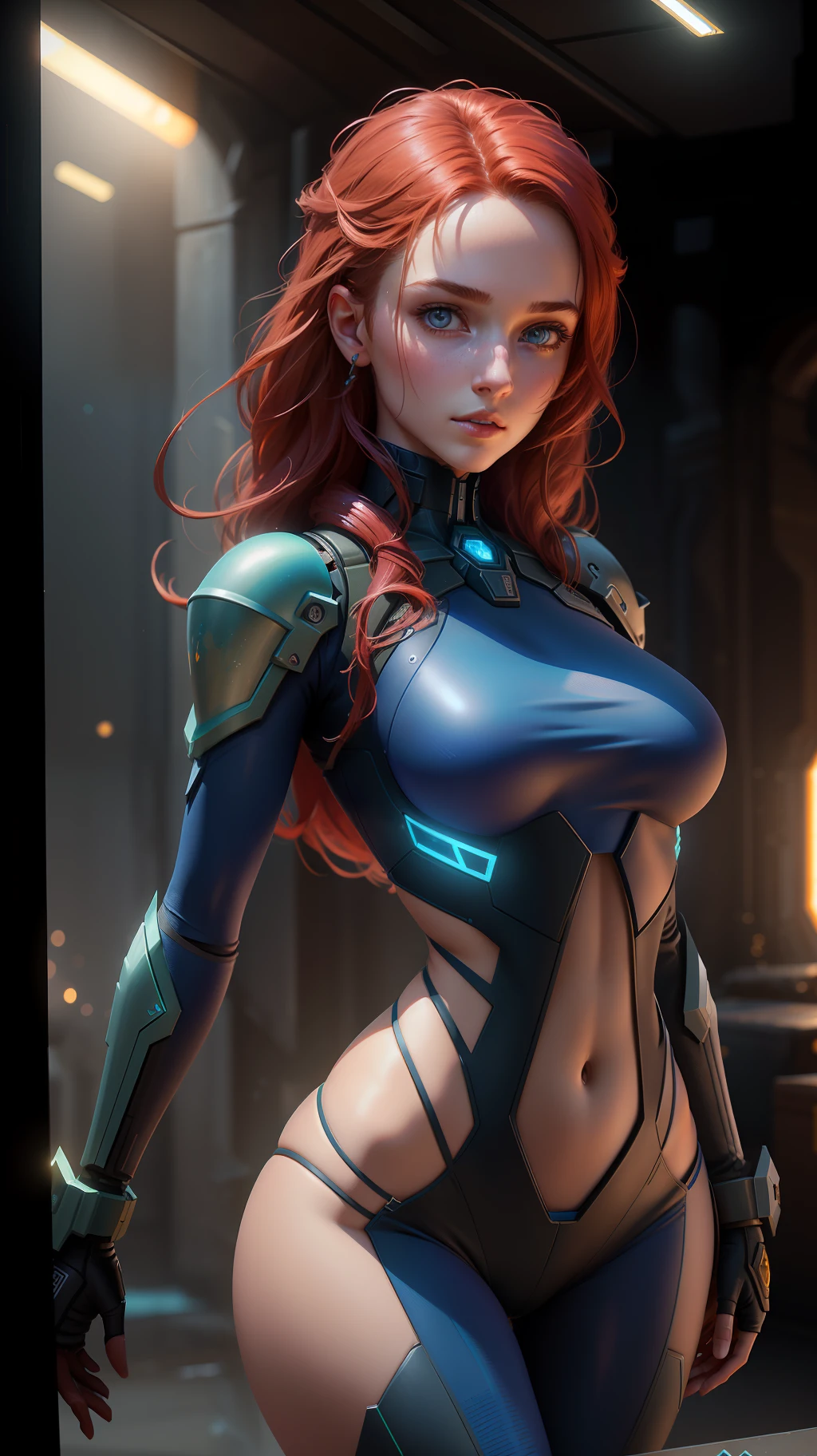 Highly detailed color RAW photography, beautiful young girl, dynamic pose, (wide hips), (detailed skin), (detailed lips), (detailed eyes), (space: 1.4), (necropolis: 1.1), (sci-fi setting), red hair, (detailed face), (figures), detailed eyes, chromatic aberration, depth of field, soft lighting, masterpiece, best quality, intricate, (highlight: 0.7), (bloom: 0.7), particle effects, ray tracing, tone map, high  detail, concept art, smooth, sharp focus, dramatic lighting, highly detailed graphics, cinematic, hyper-realistic painting, trends on Artstation, 8K, incredible shadows, realism (highly detailed background: 1.2), midjourney art