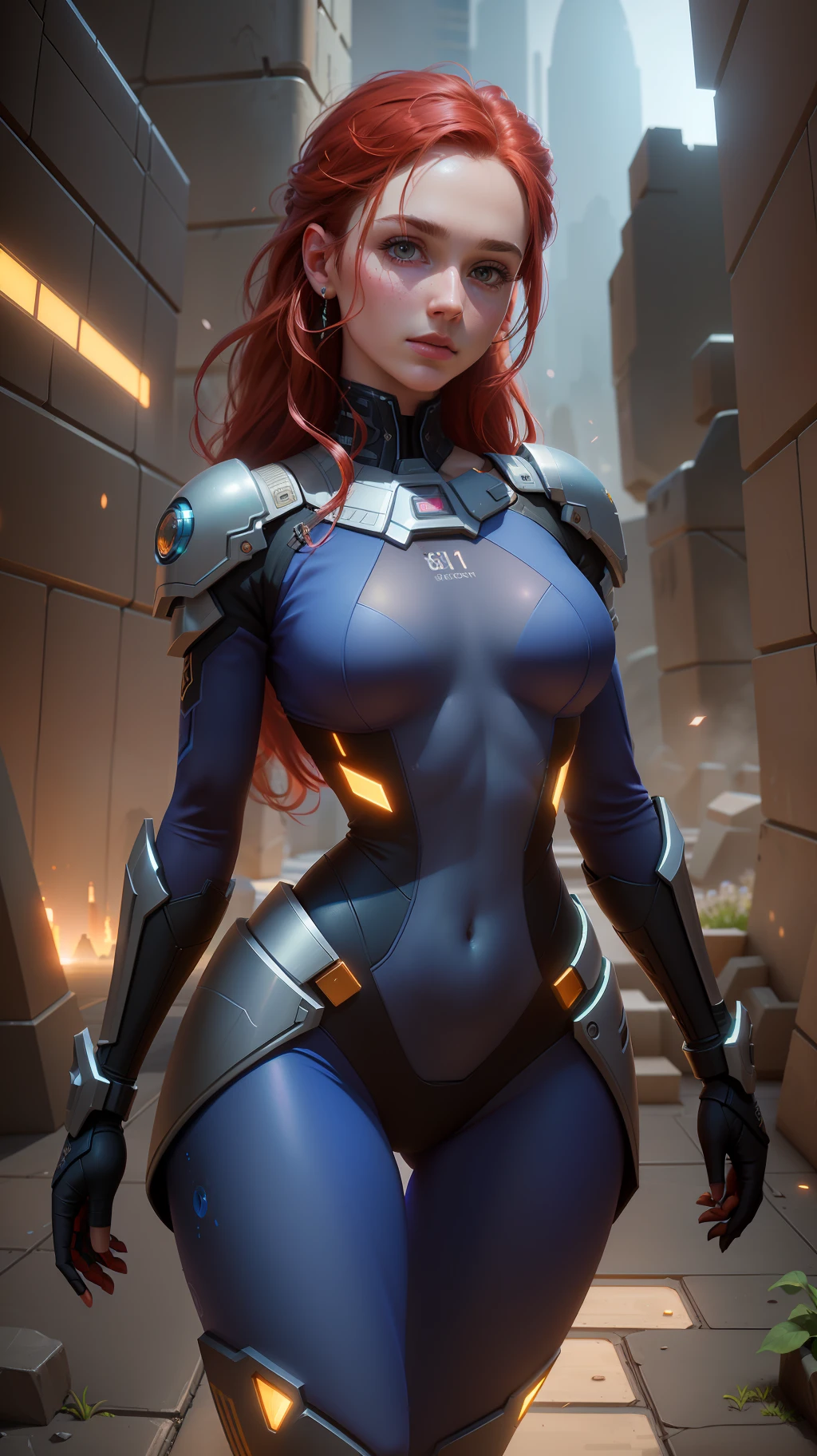 Highly detailed color RAW photography, beautiful young girl, dynamic pose, (wide hips), (detailed skin), (detailed lips), (detailed eyes), (space: 1.4), (necropolis: 1.1), (sci-fi setting), red hair, (detailed face), (figures), detailed eyes, chromatic aberration, depth of field, soft lighting, masterpiece, best quality, intricate, (highlight: 0.7), (bloom: 0.7), particle effects, ray tracing, tone map, high detail, concept art, smooth, sharp focus, dramatic lighting, highly detailed graphics, cinematic, hyper-realistic painting, trends on Artstation, 8K, incredible shadows, realism (highly detailed background: 1.2), midjourney art
