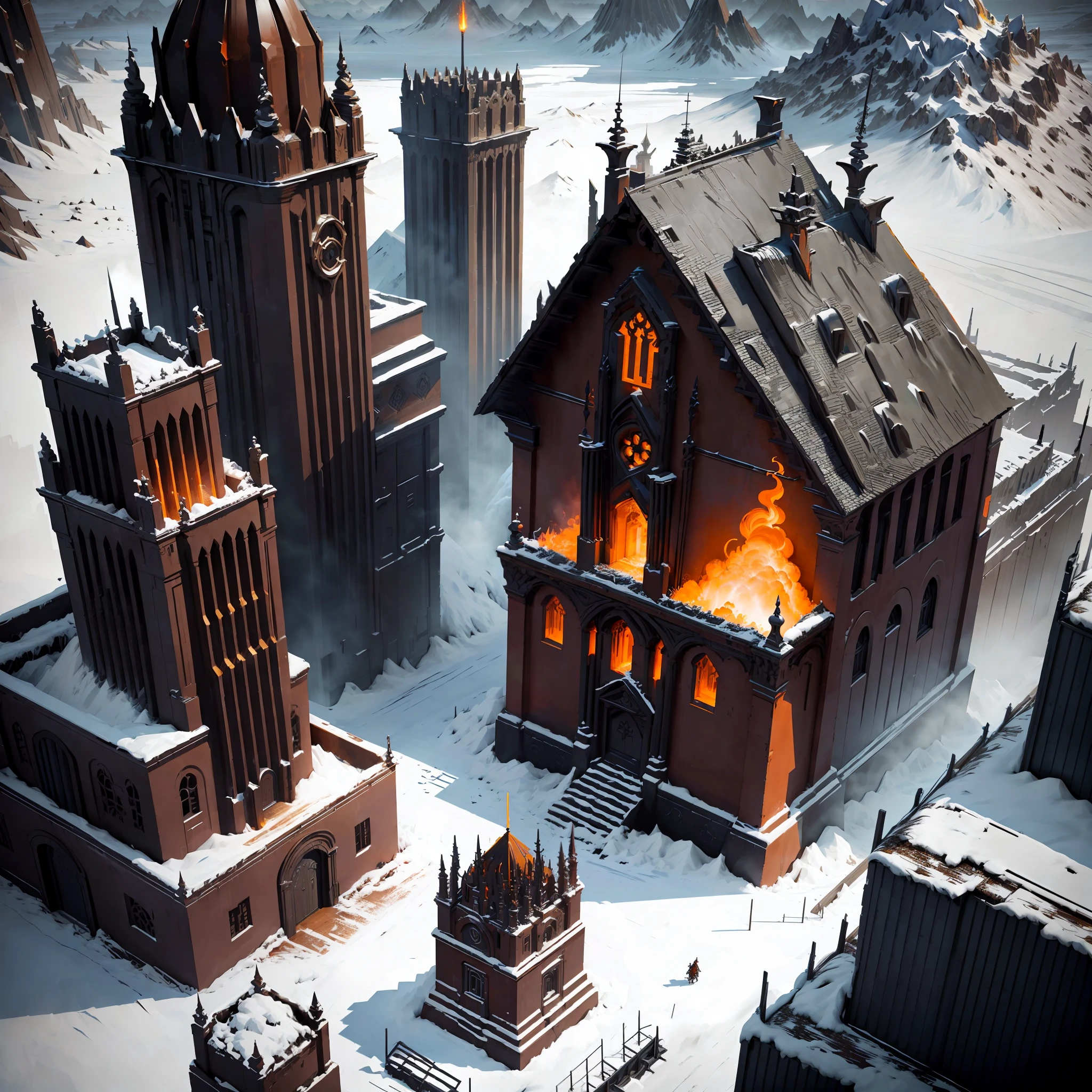 In this evil land, there is a huge demon armory, where demons forge and collect all kinds of destructive weapons. The entire building is surrounded by magma, as if erupting from the ground. Here demons perform occult rituals and throw terrible weapons capable of destroying worlds, (isometric view), (top down), 3D rendering, very high definition, high detail, 8k, cinematic lighting, super high resolution, game asset