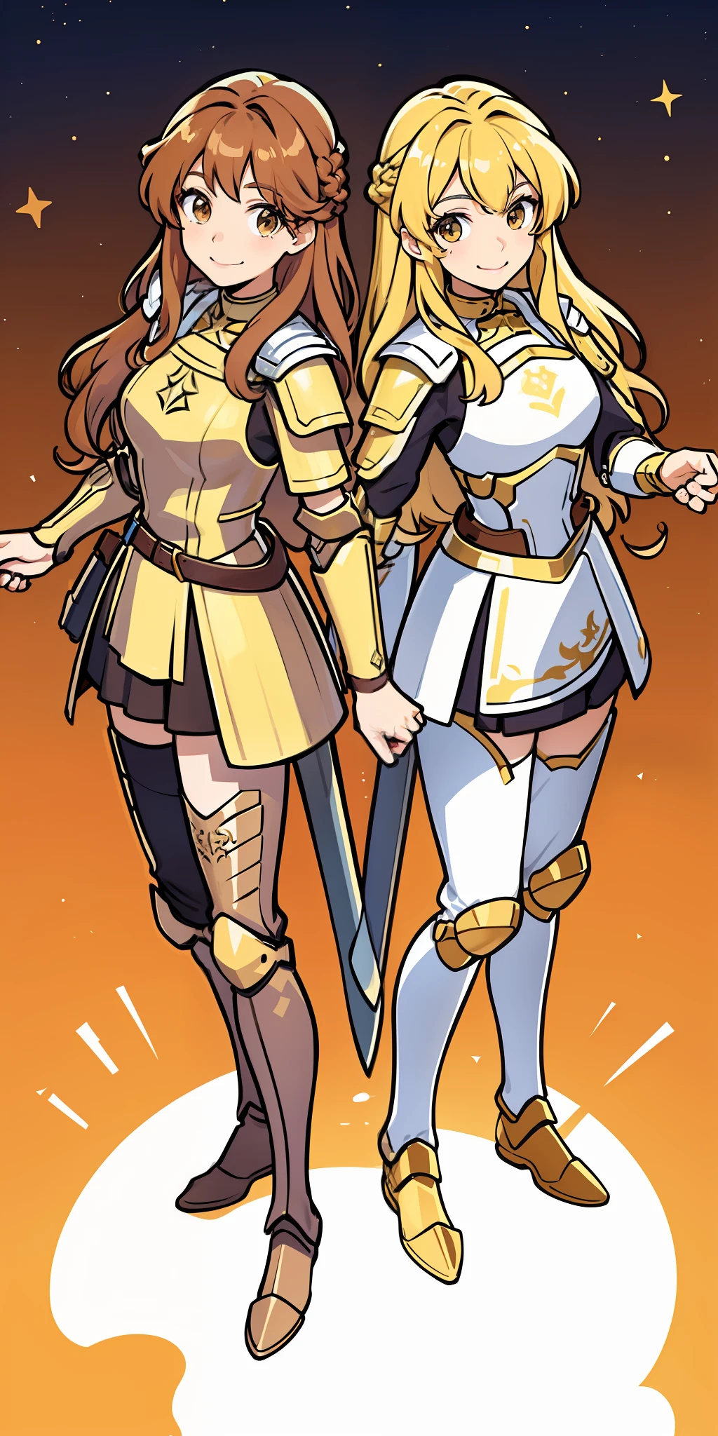 Woman, brown hair, wavy hair, hazel eyes, extremely detailed, smile, knights, armor, swords, full body shot, matching outfits, identical outfits, twin sisters, blonde hair, different hair colors