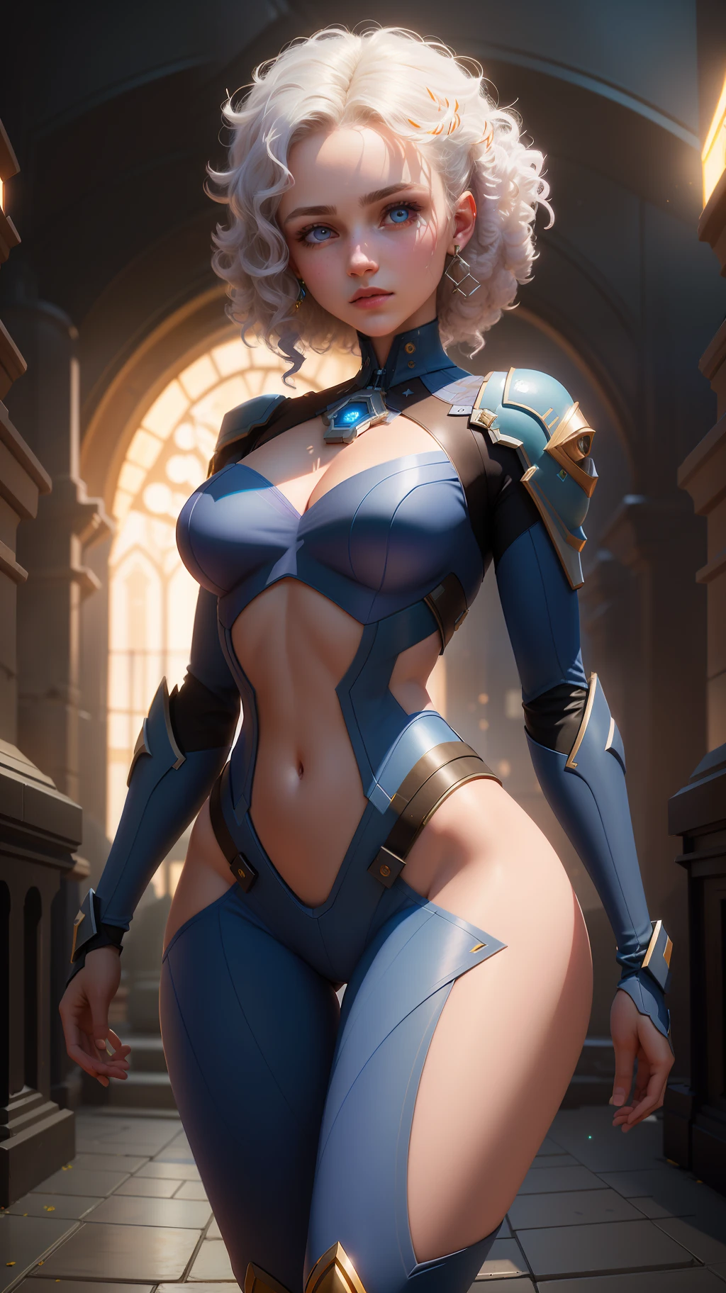 Highly detailed RAW color photography, beautiful young girl, dynamic pose, (wide hips), (detailed skin), (detailed lips), (detailed eyes), (space: 1.4), (necropolis: 1.1), (sci-fi setting), white curly hair, (detailed face), (figures), detailed eyes, chromatic aberration, depth of field, soft lighting, masterpiece, best quality, intricate, (highlight: 0.7), (bloom: 0.7), particle effects, ray tracing, tone map, high detail, concept art, smooth, sharp focus, dramatic lighting, highly detailed graphics, cinematic, hyper-realistic painting, trends on Artstation, 8K, incredible shadows, realism (highly detailed background: 1.2), midjourney art