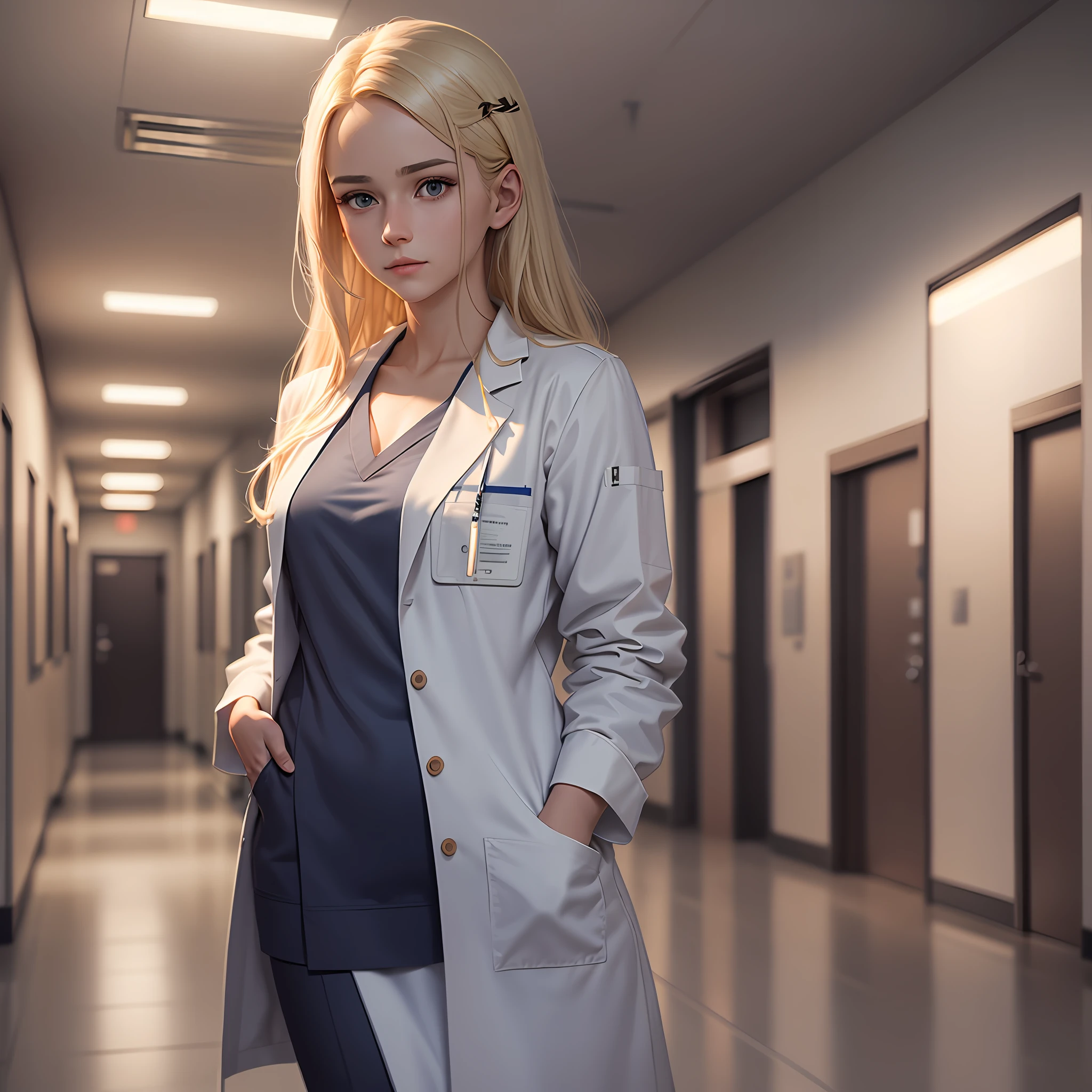 /imagine prompt: A medical student with blonde hair, a slim body and wearing a surgical lab coat stands in the dimly lit hallway of a hospital. The environment is portrayed with realistic colors, without any defects, conveying a sense of cleanliness and professionalism. The student walks with confidence and determination, standing out in the white and impeccable environment. The image is a 3D digital sculpture, created with advanced modeling and rendering software to faithfully reproduce the appearance of the student and the hospital environment. --ar 16:9 --v 5