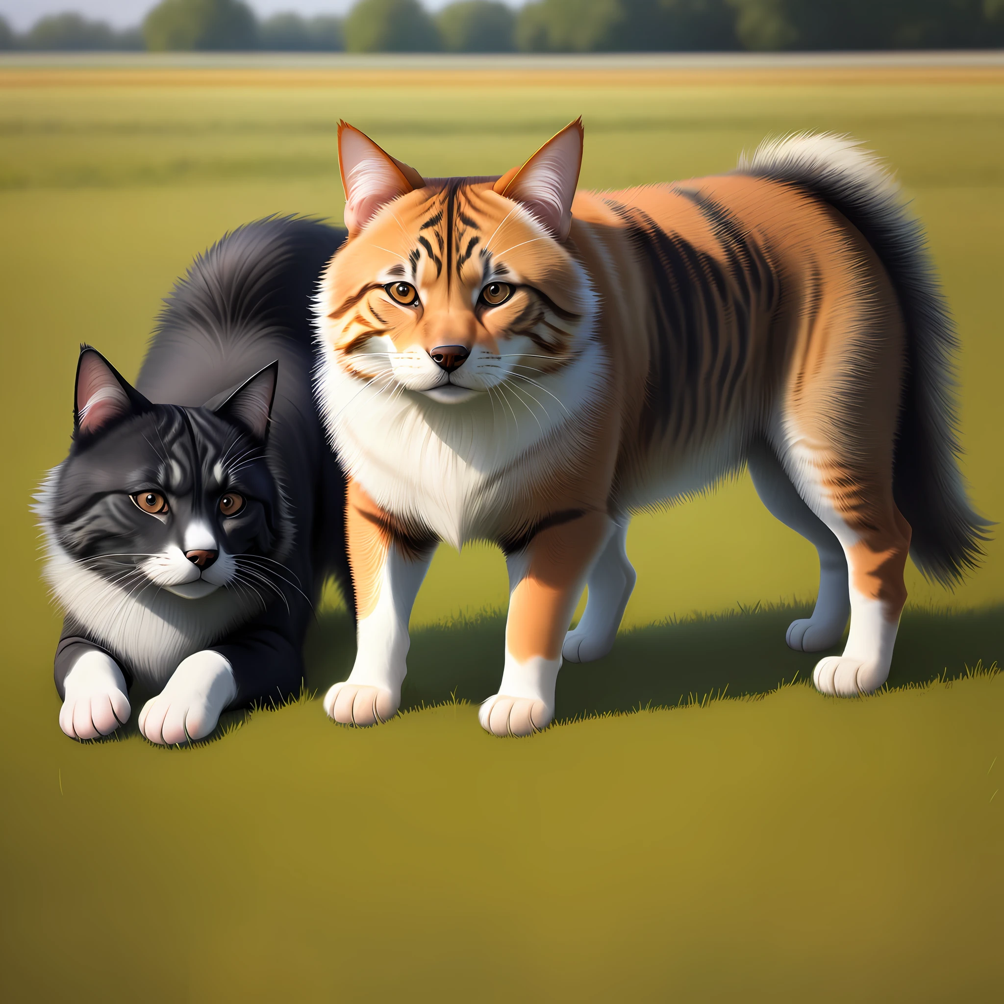 photo zuada, dog, cat, animals, field, 8k, realistic, human, high quality, deep details, strong colors