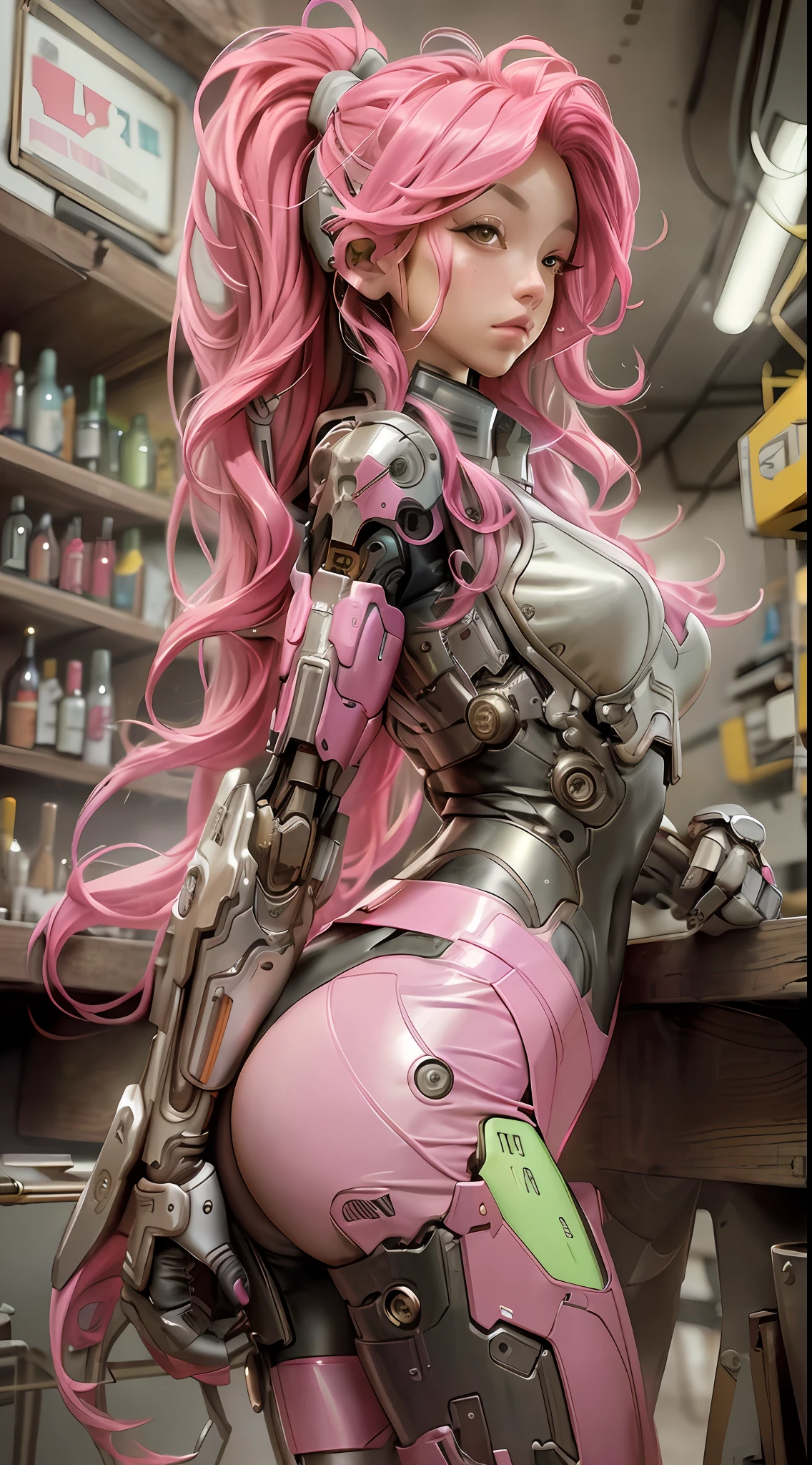 (best quality, masterpiece), 1girl, cyberpunk, robotic left arm, sexy, futuristic bar, long pink hair, looking away, blurry background