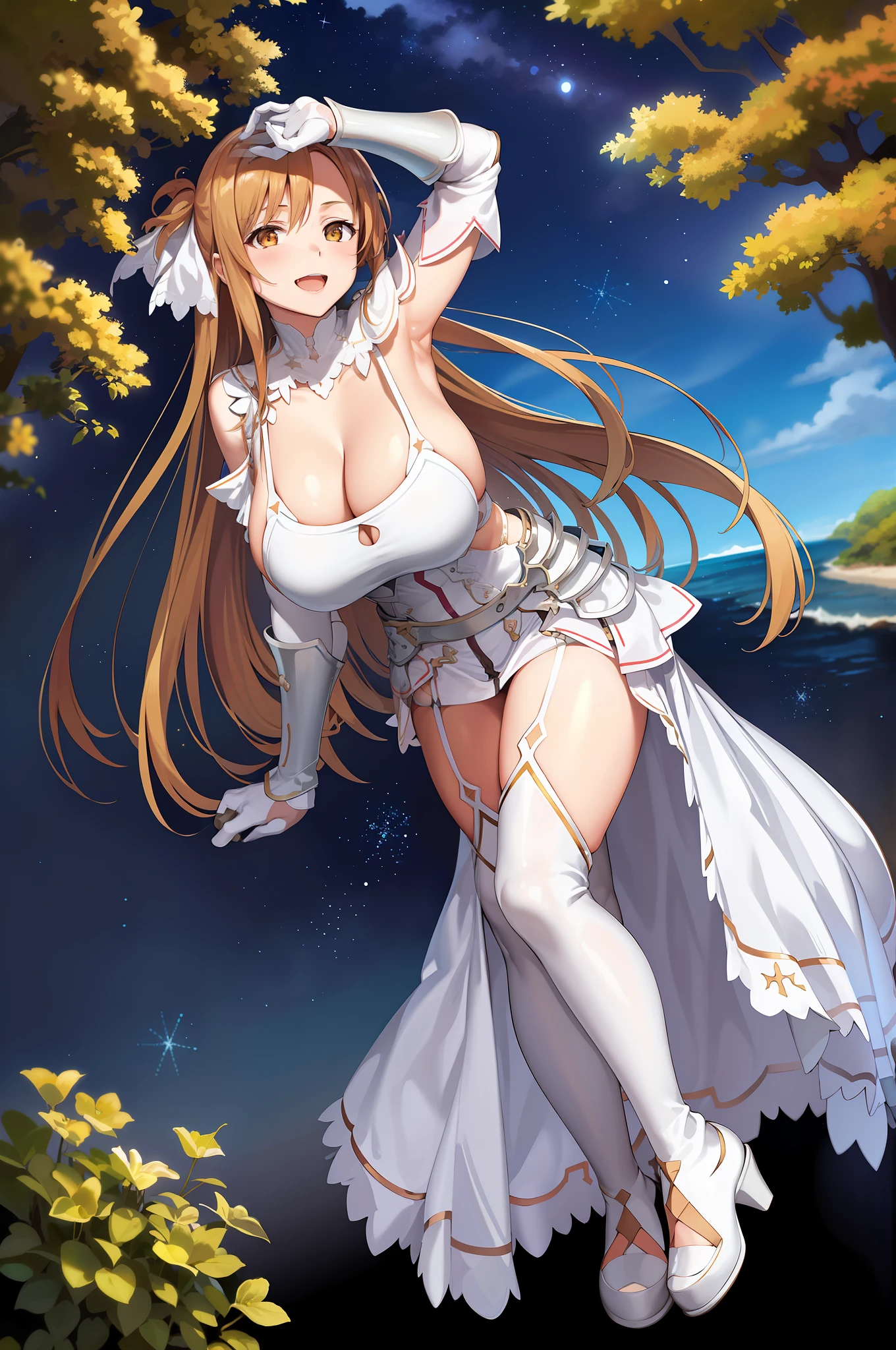stacia, asuna, asuna_\(sao\), 1girl, (sexy pose:1.4), fantasy, highres, looking_away, looking_to_the_side, original, realistic, scenery, close_up, upper_body, (draw sword:1.5), smiling, solo, (potruding nipple:1.2), long hair, (huge breasts:1.3), looking at viewer, smile, open mouth, bangs ,detailed eyes, beautiful background, (summer, beach), hands on the chest, orange hair, thighhighs, gloves, dress, (cleavage:1.4), bare shoulders, brown eyes, very long hair, standing, (full body:1.5), white gloves, white dress, armor, white thighhighs, garter straps, fantasy, white armor, abec, nsfw