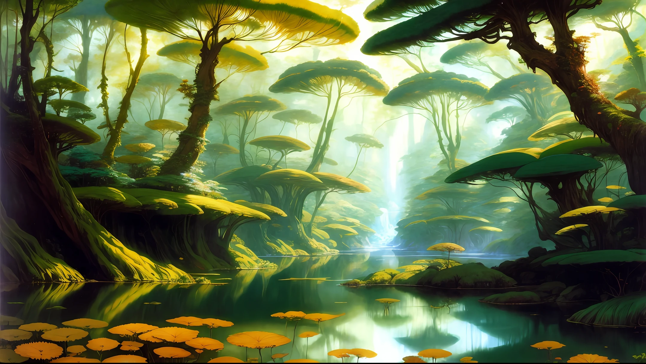 masterpiece, best quality, [detailed], [intricate], digital painting, an alien planet fern forest river landscape, fantasy, sci-fi, [highres], [absurdists], [sharp focus], bokeh, realistic shadows, lithograph by John William Waterhouse and animation by Kyoto and Yoshitaka Amano and Frank Frazetta, Jean Giraud