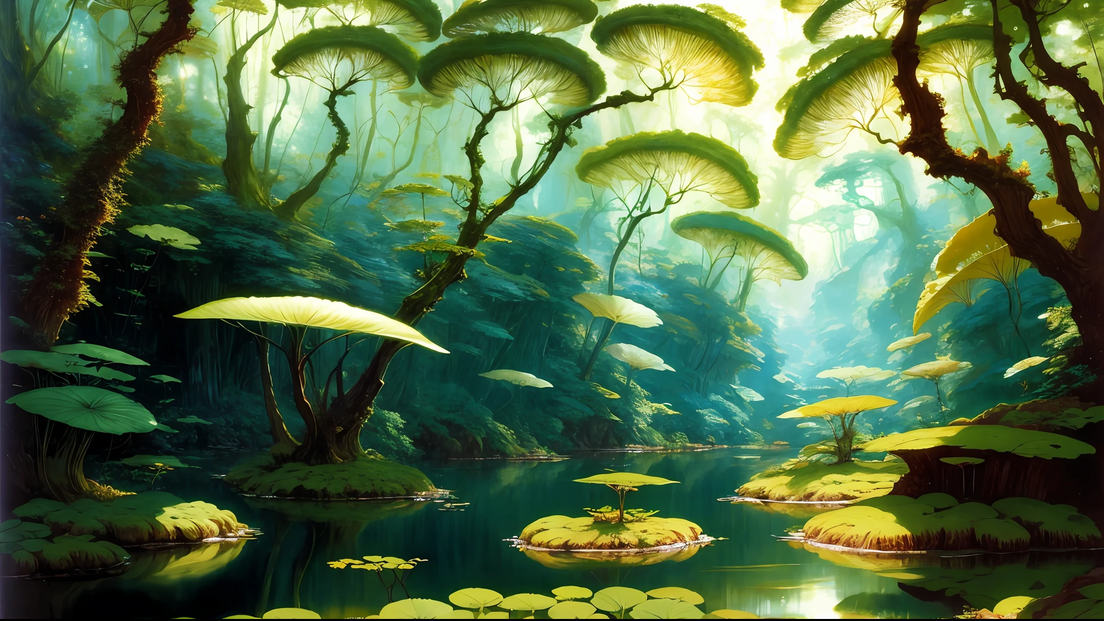 masterpiece, best quality, [detailed], [intricate], digital painting, an alien planet fern forest river landscape, fantasy, sci-fi, [highres], [absurdists], [sharp focus], bokeh, realistic shadows, lithograph by John William Waterhouse and animation by Kyoto and Yoshitaka Amano and Frank Frazetta, Jean Giraud