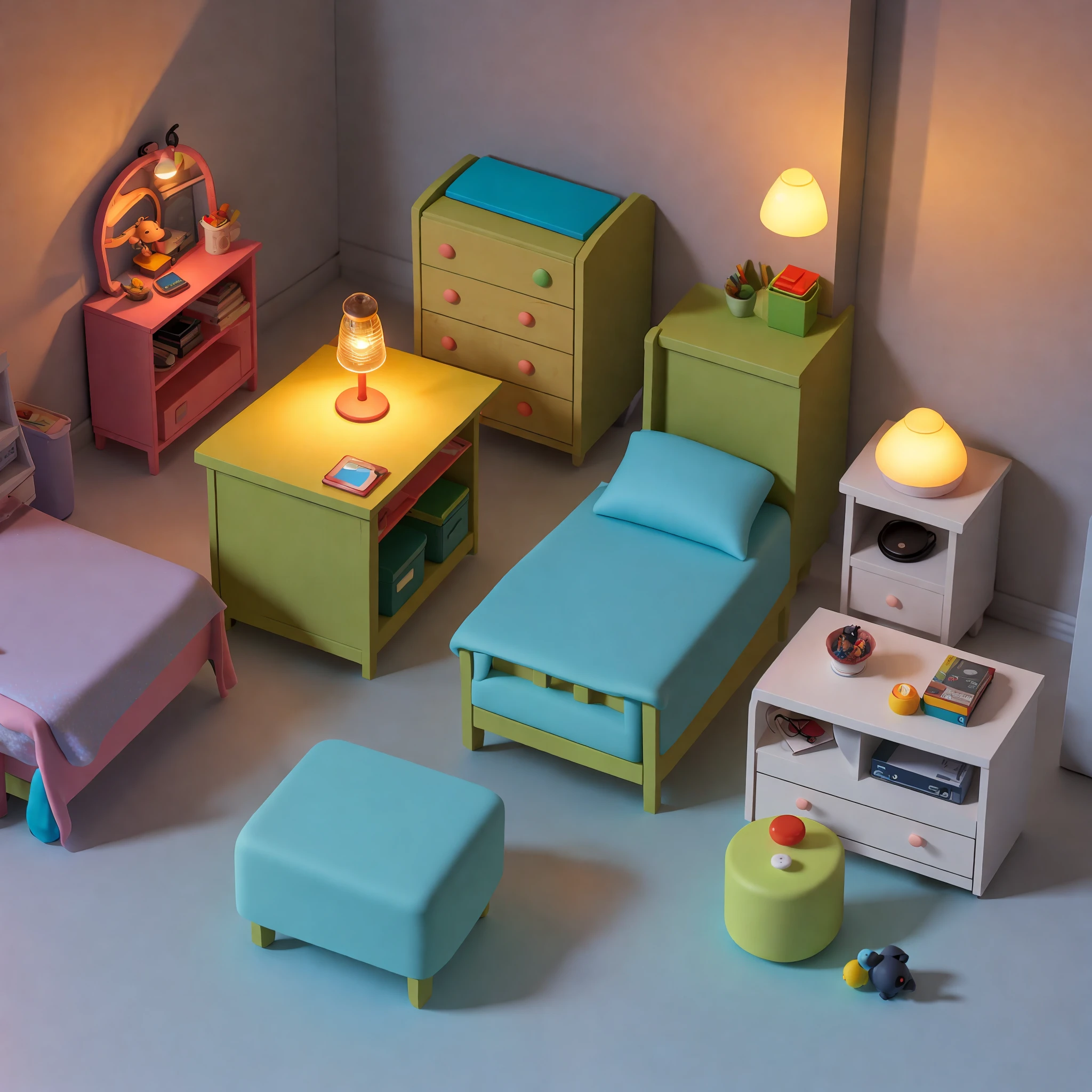 (Pixar style),A model of a cozy small room, miniature figure model, light source from right to left, Rumbrandt lighting, light source from right to left, (isometric view), (top-down), realistic scale, post-processing, ((orthogonal perspective)), super detail, realistic, super realistic, realistic render, rainbow color, glitter