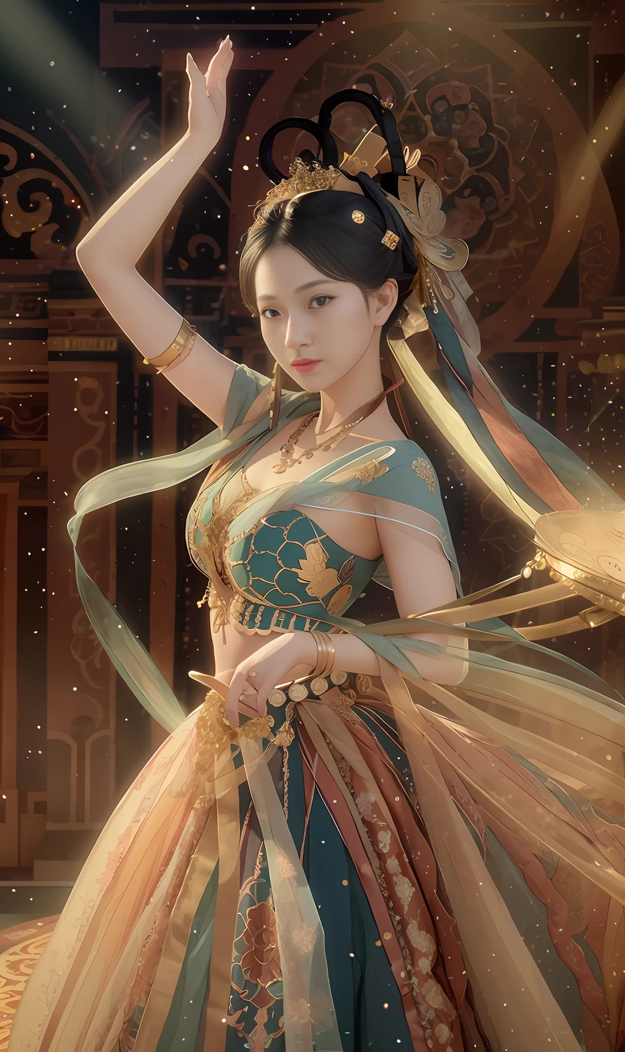 Best quality, masterpiece, (fidelity: 1.2), (lens 135mm f1.8, core shadow, cinematic light, dynamic light, particle light, theatrical light: 1.1) (high resolution, octane rendering, ultra-detailed ray tracing, 8k:1.2), Dunhuang flying dancer, delicate face, stage, materials, hyper-detail, wide-angle field of view, exquisite embroidered costumes, depth of field, responsible for details, artistic background