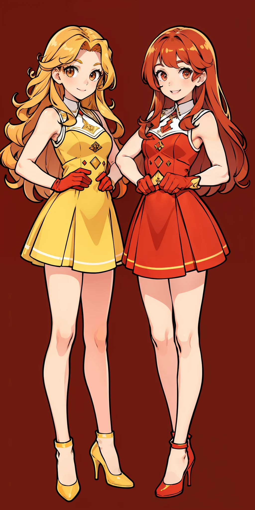 Woman, brown hair, curly hair, long hair, hazel eyes, extremely detailed, smile, sleeveless dresses, white elbow length gloves, elegant, high heels, full body shot, matching outfits, identical outfits, triplet sisters, blonde hair, red hair, different hair colors