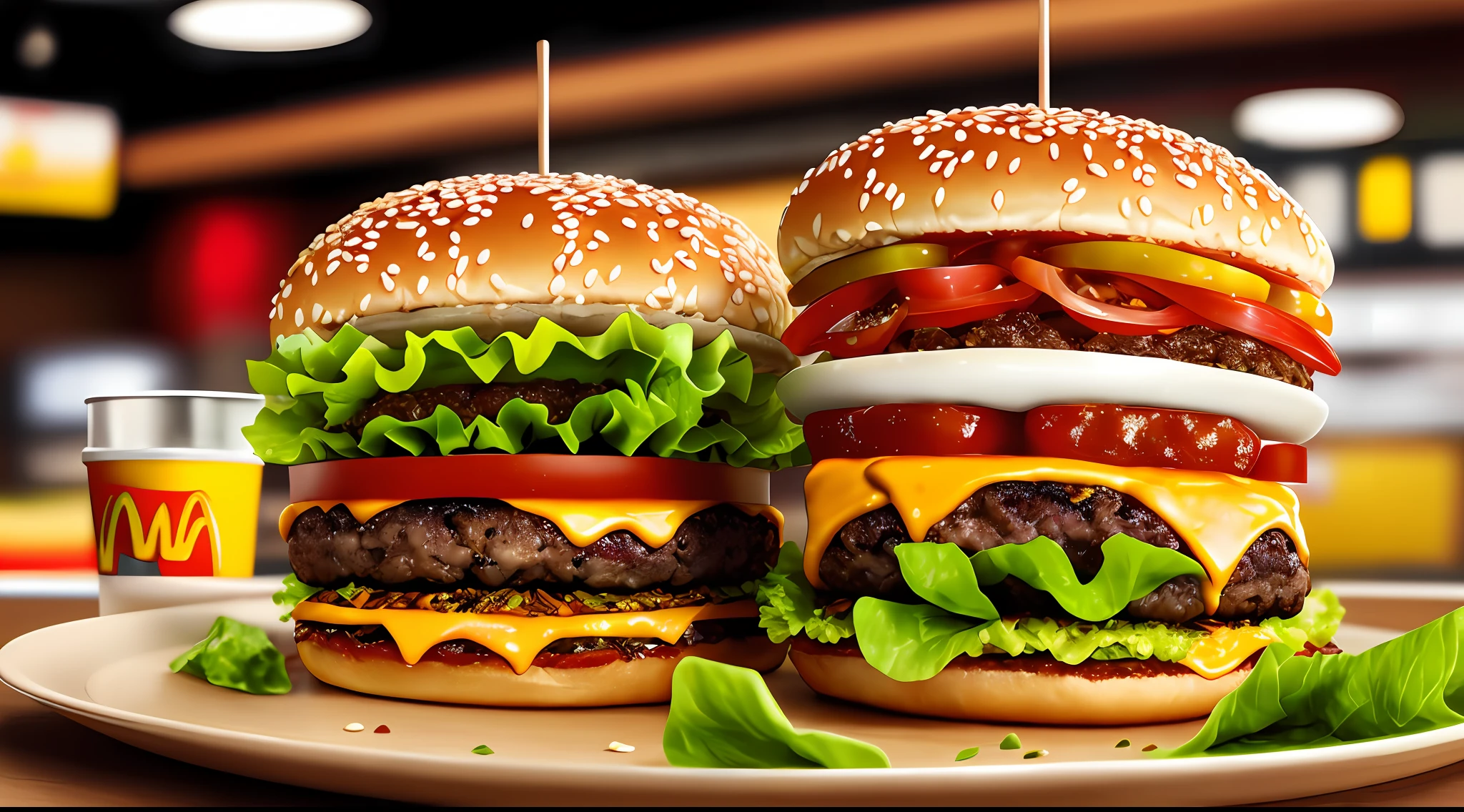 1 burger with lettuce, tomato and cheese on them, super realistic food image, 4K food commercial, Big Macs, burgers, serving Big Macs, a hyper realistic, delicious burger with sesame seeds, hyper realistic, "hyper realistic", McDonalds interior background, realistic scene, hamburger, McDonald's, high quality food photography, hamburger, photorealistic style