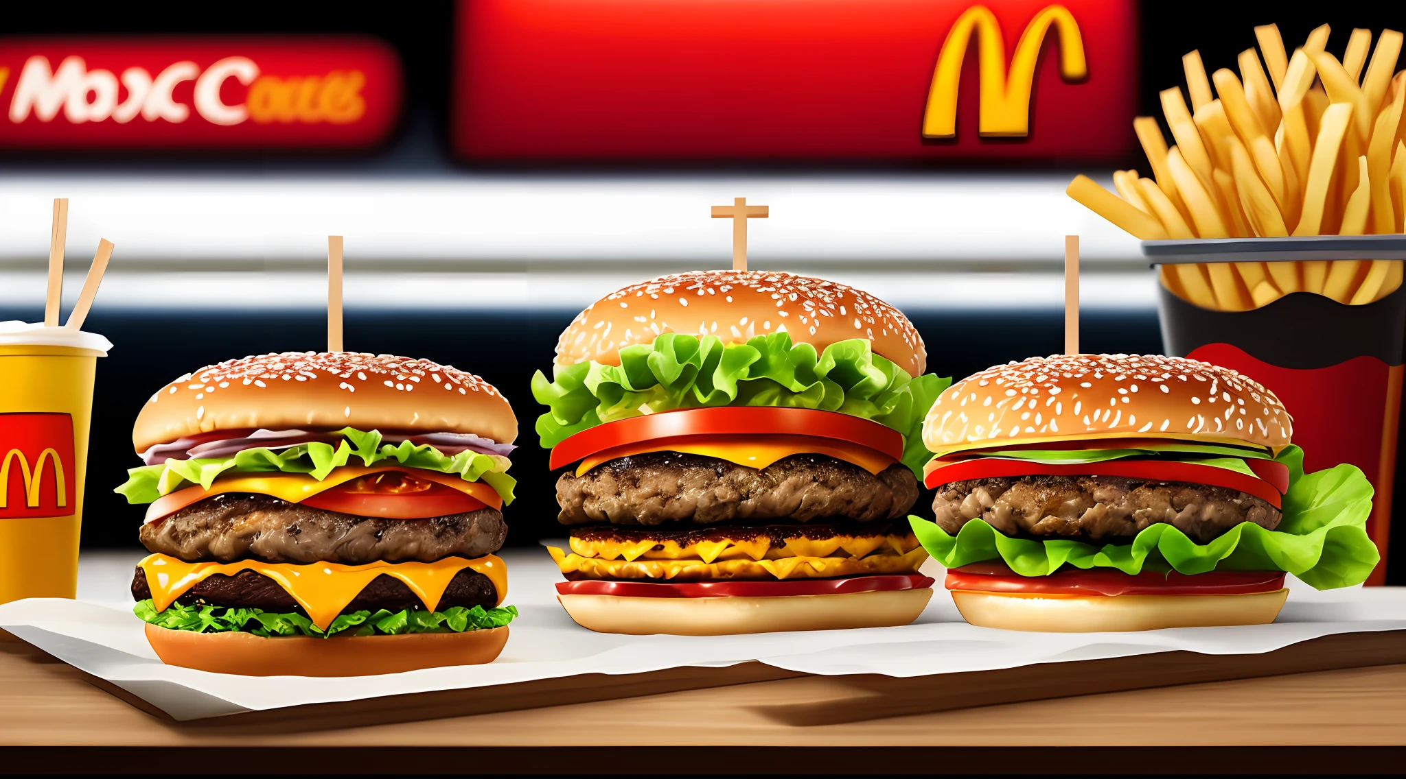 1 burger with lettuce, tomato and cheese on them, super realistic food image, 4K food commercial, Big Macs, burgers, serving Big Macs, a hyper realistic, delicious burger with sesame seeds, hyper realistic, "hyper realistic", McDonalds interior background, realistic scene, hamburger, McDonald's, high quality food photography, hamburger, photorealistic style