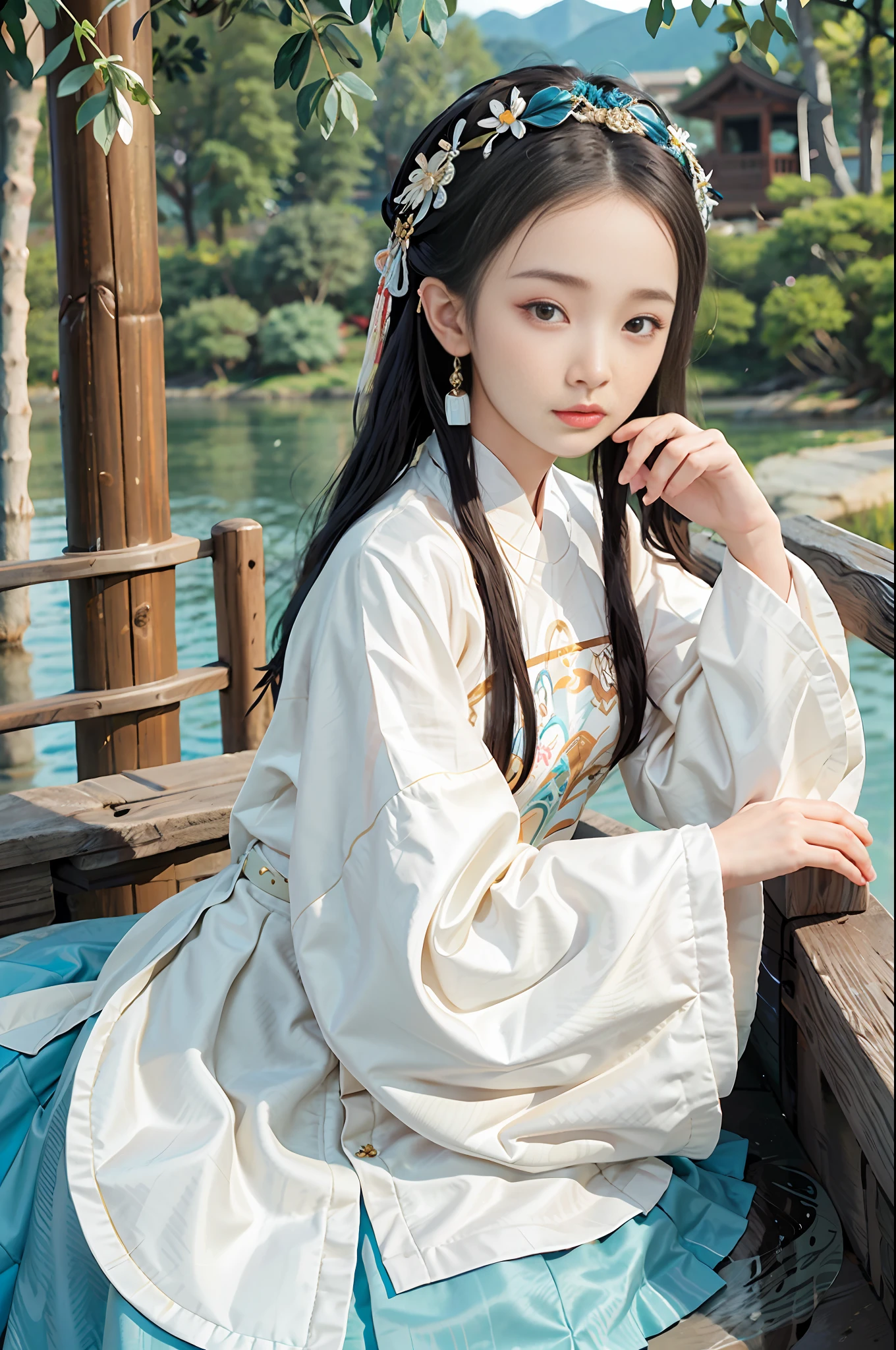 1 girl, about 14 years old, looking sideways at the camera, bust, wearing Ming Dynasty Han clothes, gorgeous hairstyle and headdress, thin eyebrows, shy expression, behind a beautiful park, ripples on the lake, there are willows, there are flowers,