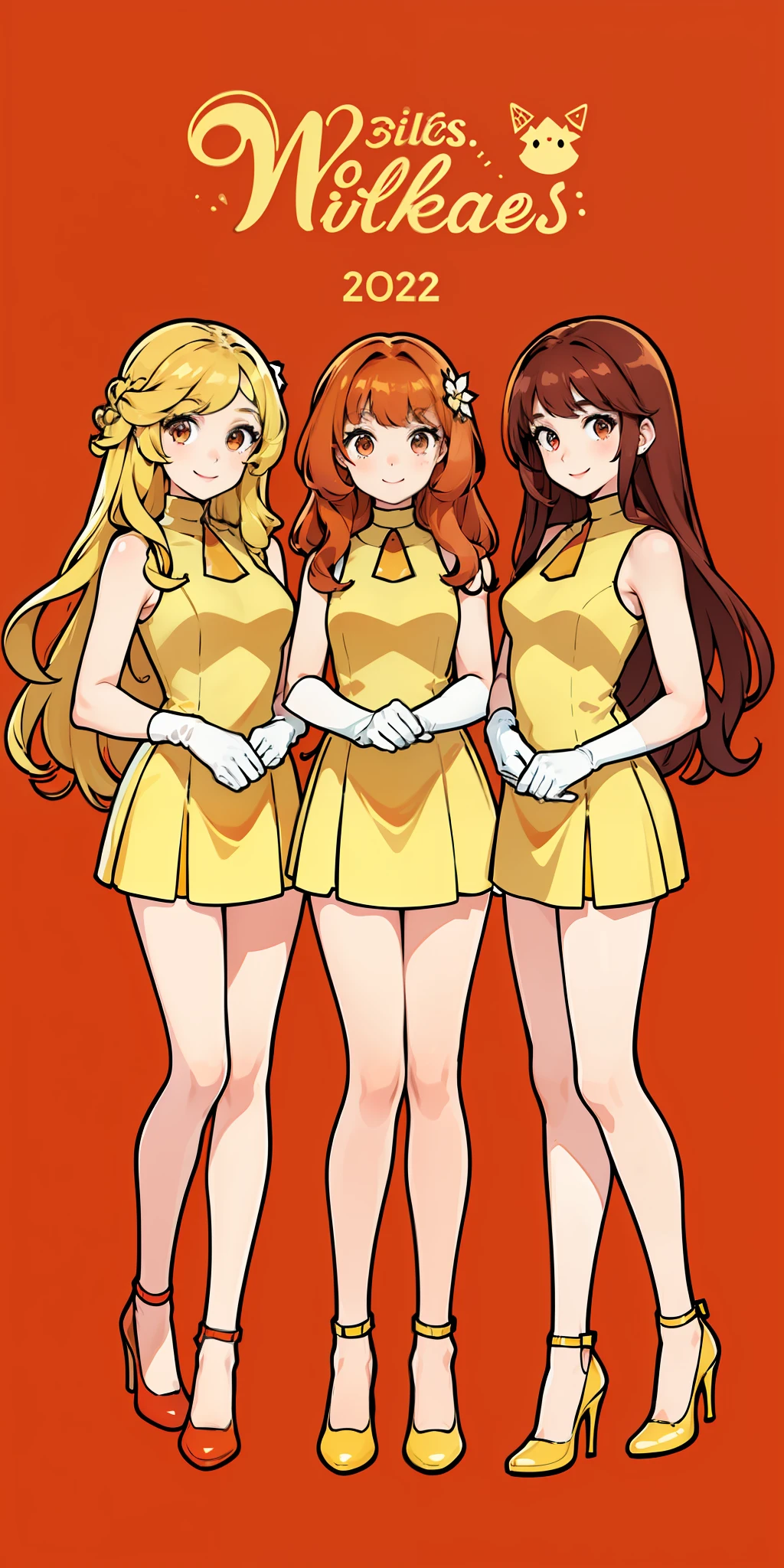 Woman, brown hair, curly hair, long hair, hazel eyes, extremely detailed, smile, sleeveless dresses, white elbow length gloves, elegant, high heels, full body shot, matching outfits, identical outfits, blonde hair, red hair, different hair colors, (((3girls, triplet sisters)))