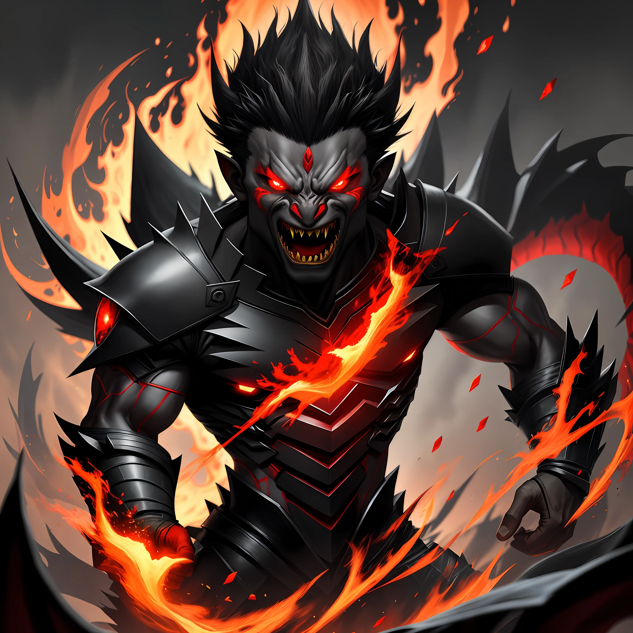 Black dragon man with red eyes and fire coming out of his mouth