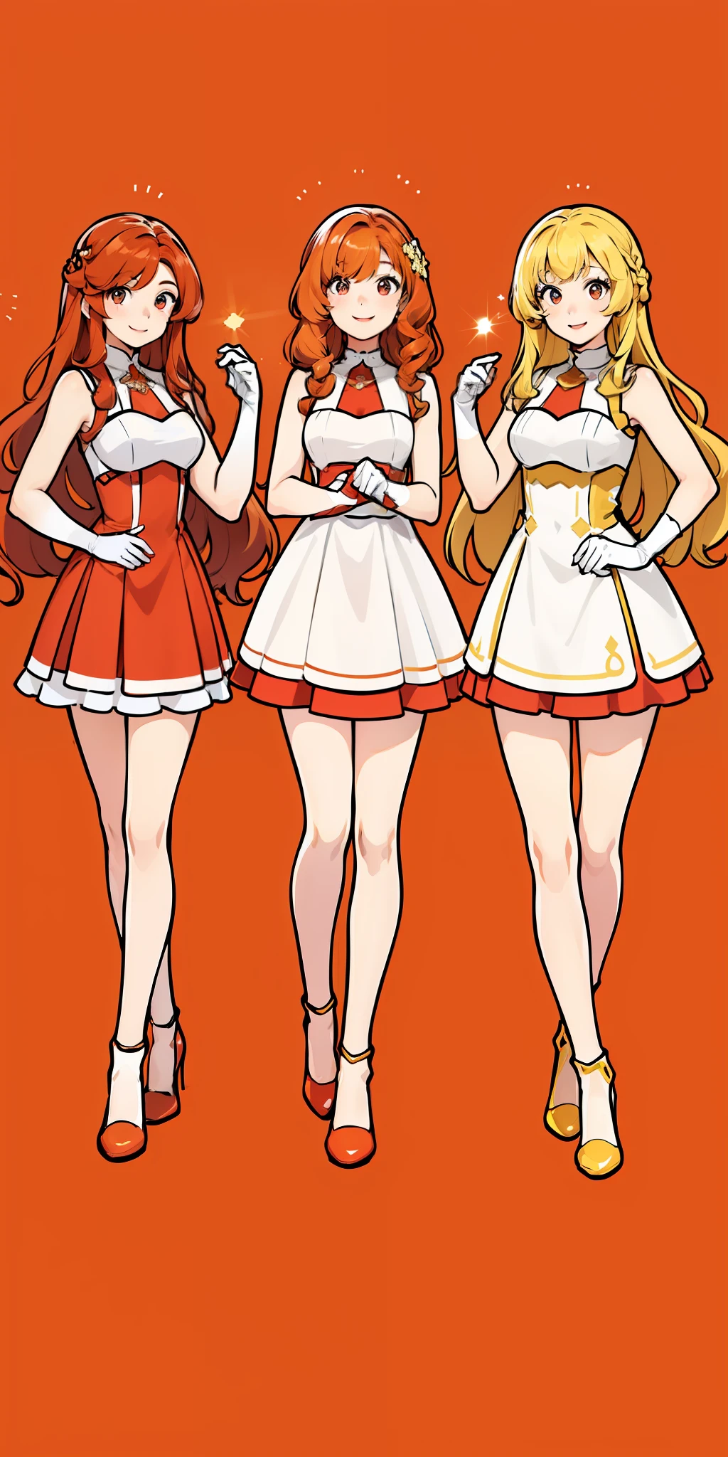 Woman, brown hair, curly hair, long hair, hazel eyes, extremely detailed, smile, sleeveless dresses, white elbow length gloves, elegant, high heels, full body shot, matching outfits, identical outfits, blonde hair, red hair, different hair colors, (((3girls, triplet sisters)))