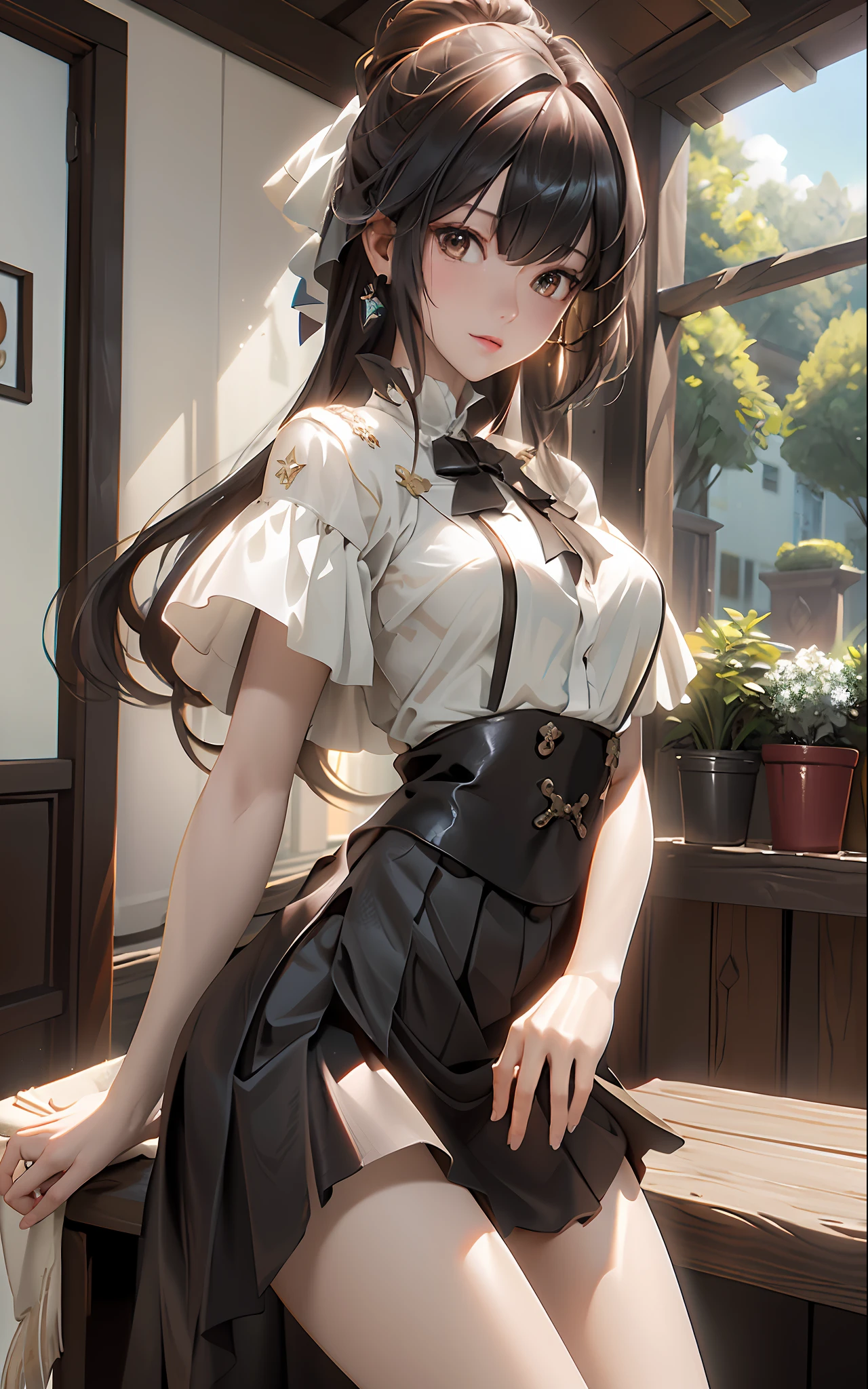 (Best Quality)), (Masterpiece)), (Details: 1.4), 3D, Neat and clean modern woman image, Sparkling brown hair, Beautiful brown eyes, Beautiful face, Dark blue pleated skirt, white blouse, small, Dynamic pose, Dynamic Angle, HDR, Ray Tracing, NVIDIA RTX, Super Resolution, Unreal 5, Subsurface Scattering, PBR texturing, post-processing, anisotropic filtering, depth of field, maximum clarity and sharpness, multi-layer textures, albedo and specular maps, surface shading, accurate simulation of light-matter interactions, perfect proportions, octane rendering, two-tone lighting, wide aperture, low ISO, White Balance, Rule of Thirds, 8K RAW,