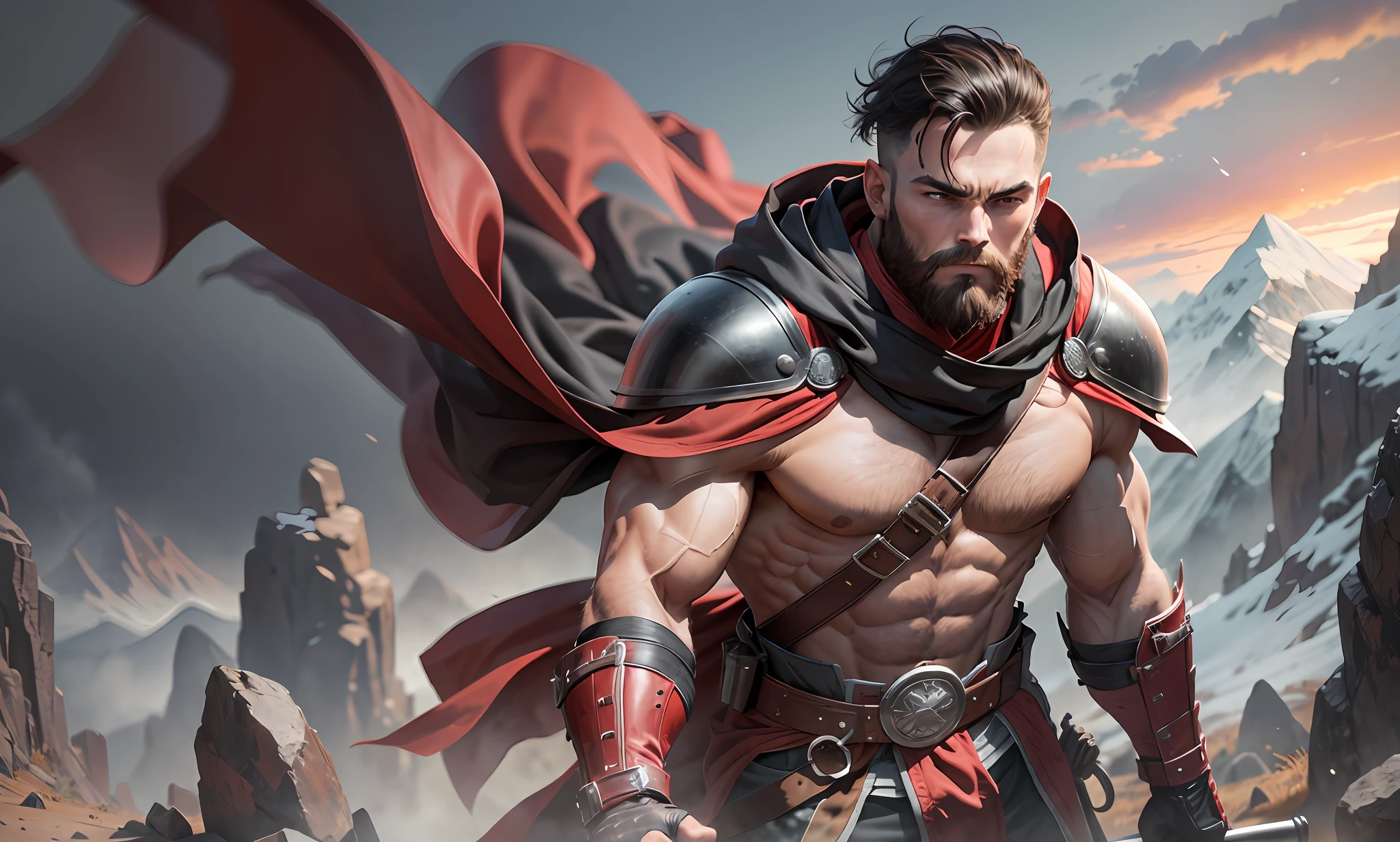a strong fighter with a red sash in fighting posture, shirtless, man, short hair, muscular, looking forward, serious, short beard, closed fists, black hooded cape, full body, steel or iron shoulder pad, leather gloves with red details, on a mountain, high detail, looking forward, 8k, high resolution