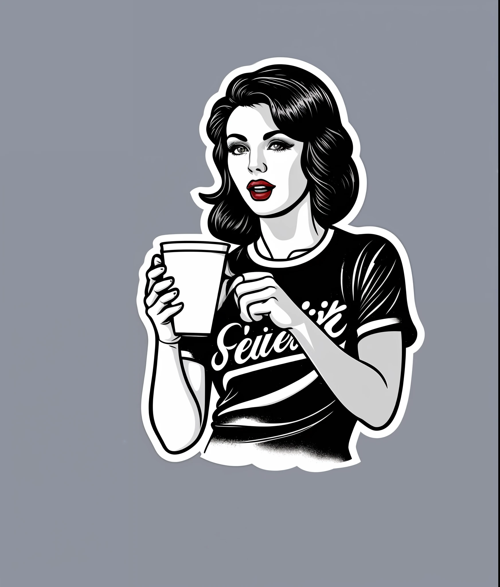Beautiful girl sipping cold milk, vintage style, (t-shirt design), realistic volumetric masterpiece light