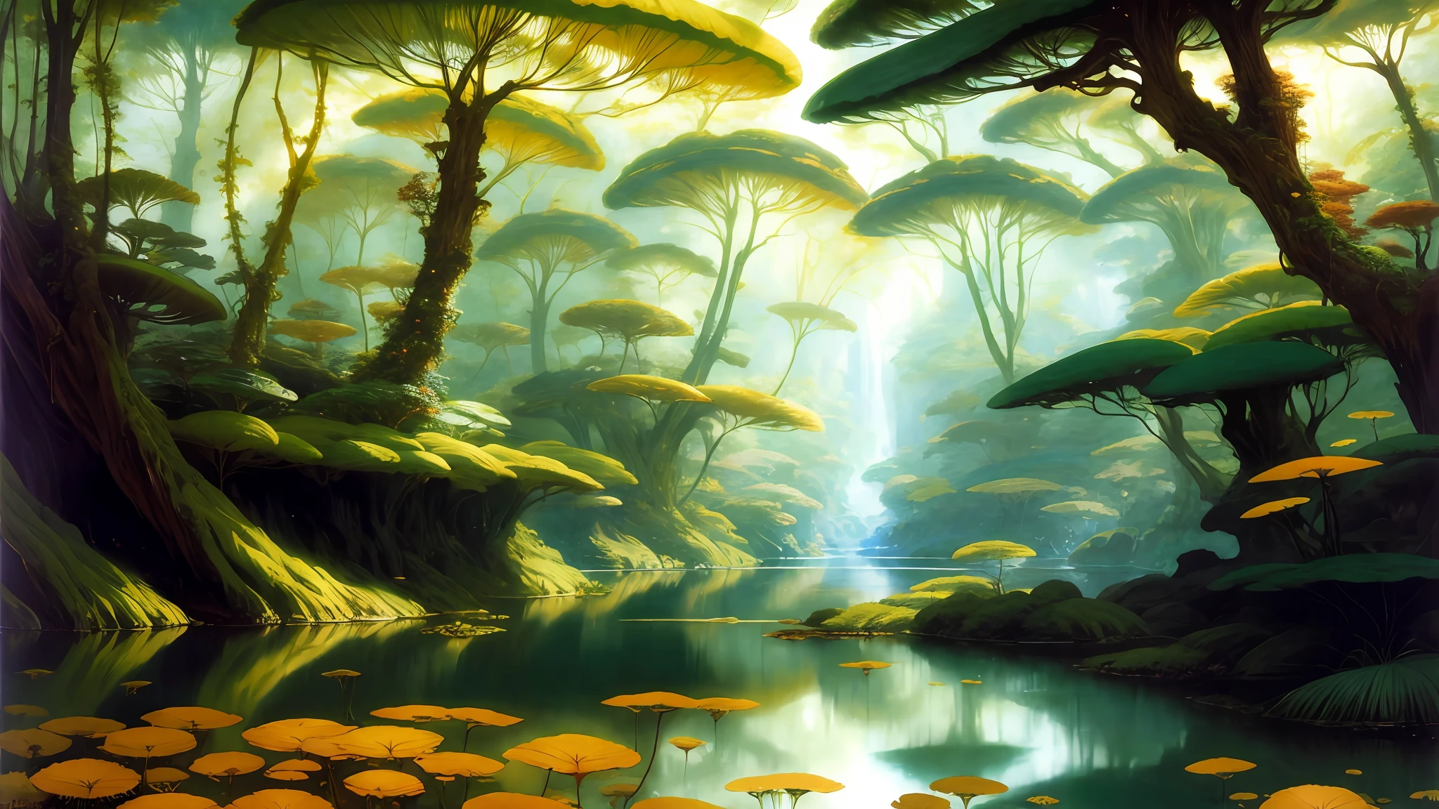 masterpiece, best quality, [detailed], [intricate], digital painting, an alien planet fern forest river landscape, fantasy, sci-fi, [highres], [absurdists], [sharp focus], bokeh, realistic shadows, lithograph by John William Waterhouse and animation by Kyoto and Yoshitaka Amano and Frank Frazetta, Jean Giraud