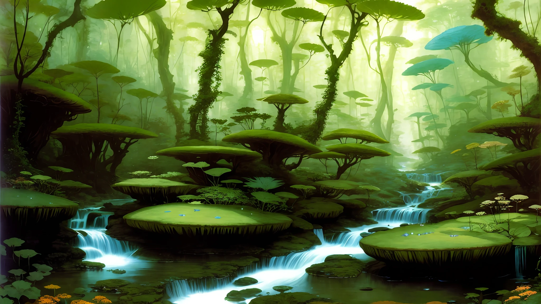 masterpiece, best quality, [detailed], [intricate], digital painting, an alien planet fern forest river landscape, fantasy, sci-fi, [highres], [absurdists], [sharp focus], bokeh, realistic shadows, lithograph by John William Waterhouse and animation by Kyoto and Yoshitaka Amano and Frank Frazetta, Jean Giraud
