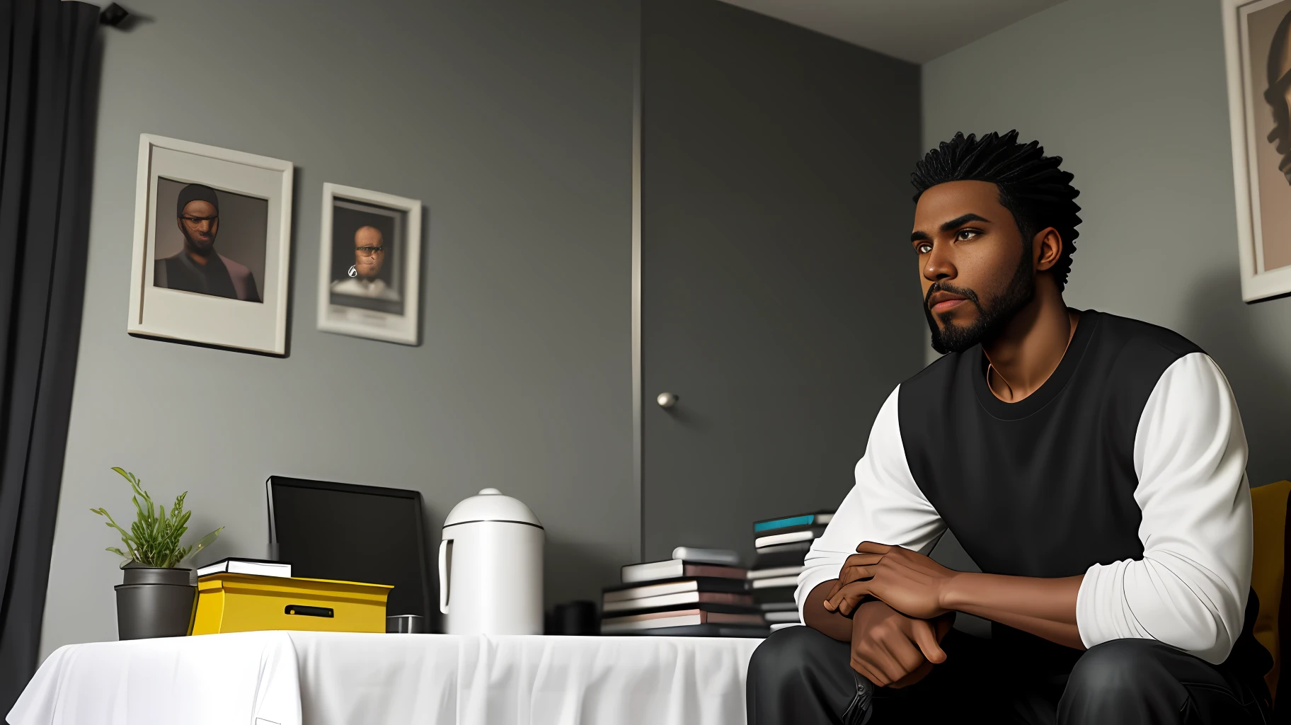 Black Guy, version, sci-fi, handsome black character in sweatshirt sitting in his room, short beard and short black hair