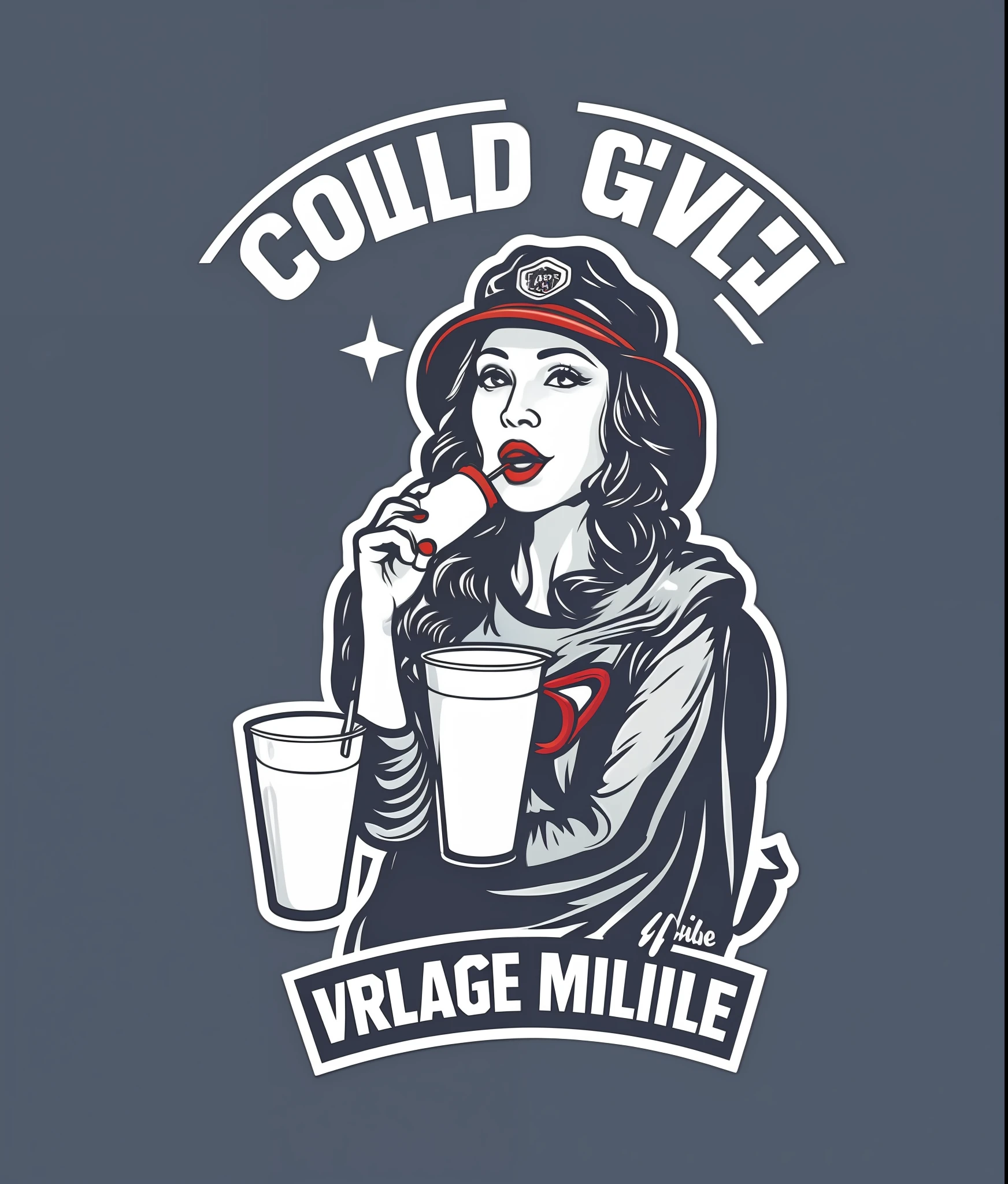 Beautiful girl sipping cold milk, vintage style, (t-shirt design), realistic volumetric masterpiece light
