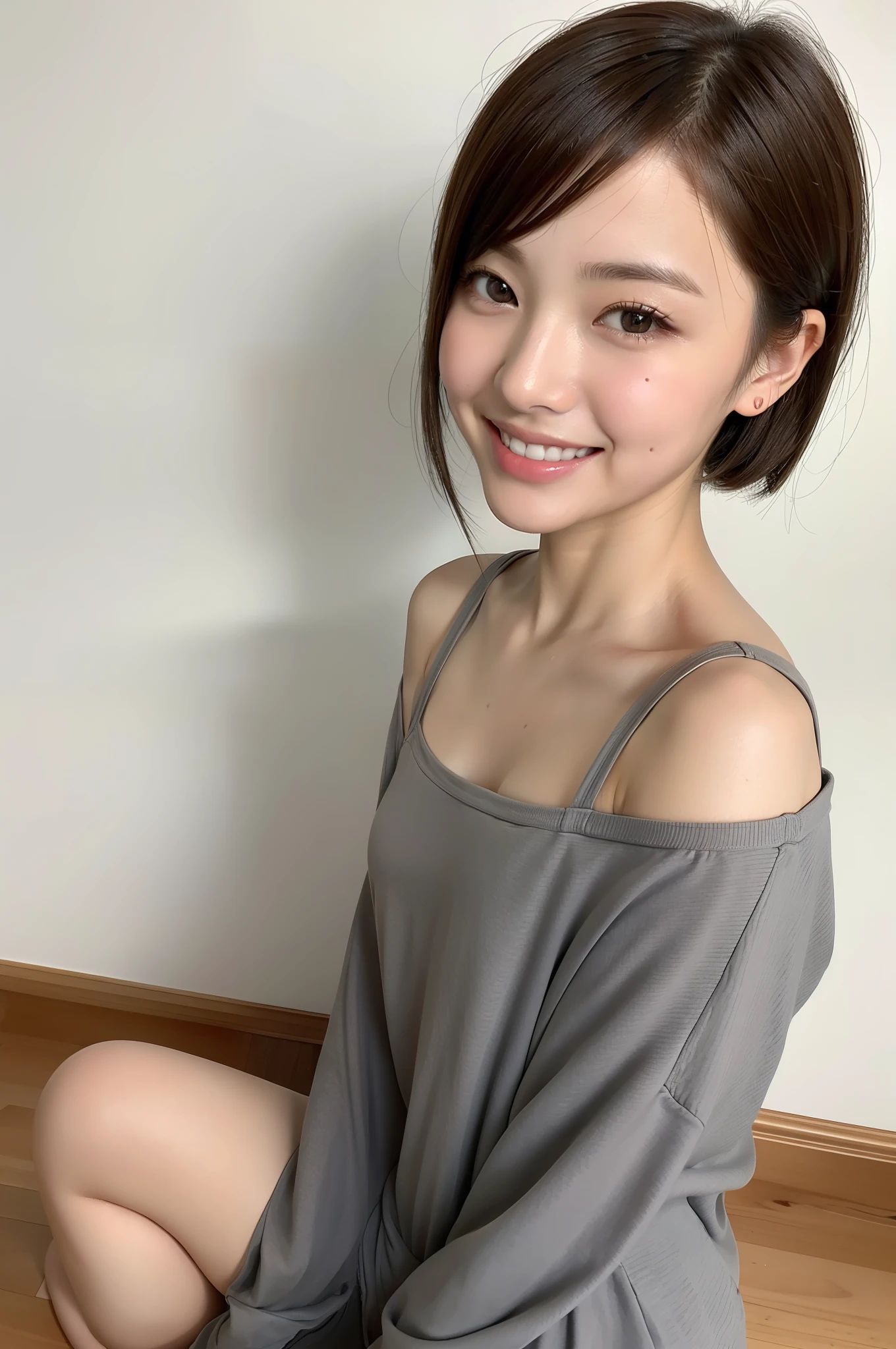 (RAW Photos: 1.2), (Photorealistic: 1.4), (Masterpiece: 1.3), (Best Quality: 1.4), Ultra High Resolution, (Detailed Eye Features), (Detailed Facial Features), (Detailed Clothing Features), HDR, 8k Resolution, Solo Focus, Bangs, Skin Tight, (Glossy Skin), (Slender Beautiful Girl), Fantastic, (Ultra Detailed Illustration), Check Commentary, Commentary request, VirtualGirl-Rin, Small, Bob hair, Short hair, Ponytail, Brown hair, Brown eyes, 1 girl, Full body, Sitting, Underwear, Happiness, Smile, Full smile