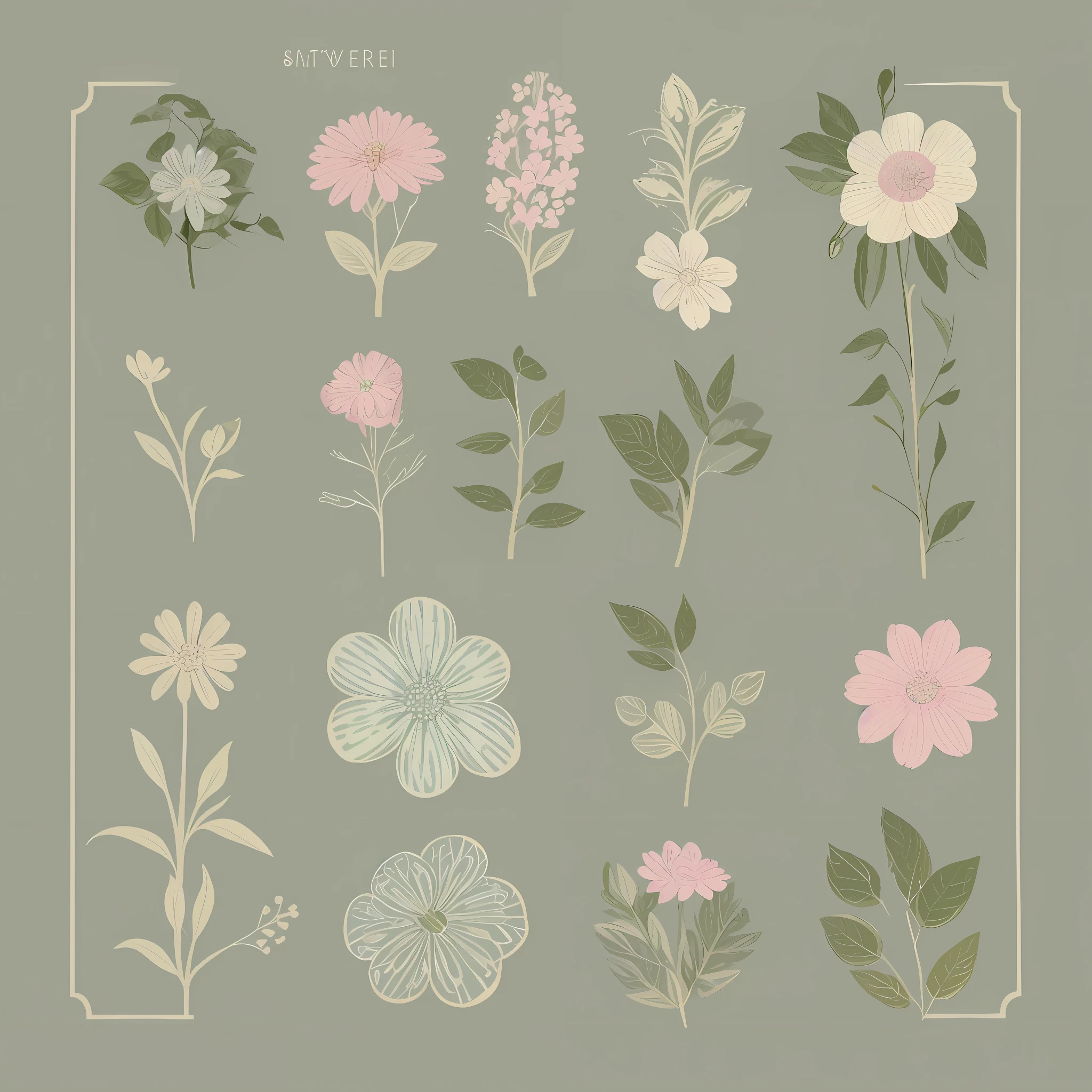 Small flower pattern label style, flat style, vector style, drawing style, naïve style, in very soft pastel colors such as old pink, moss green, light blue, beige, light yellow. WHITE BACKGROUND