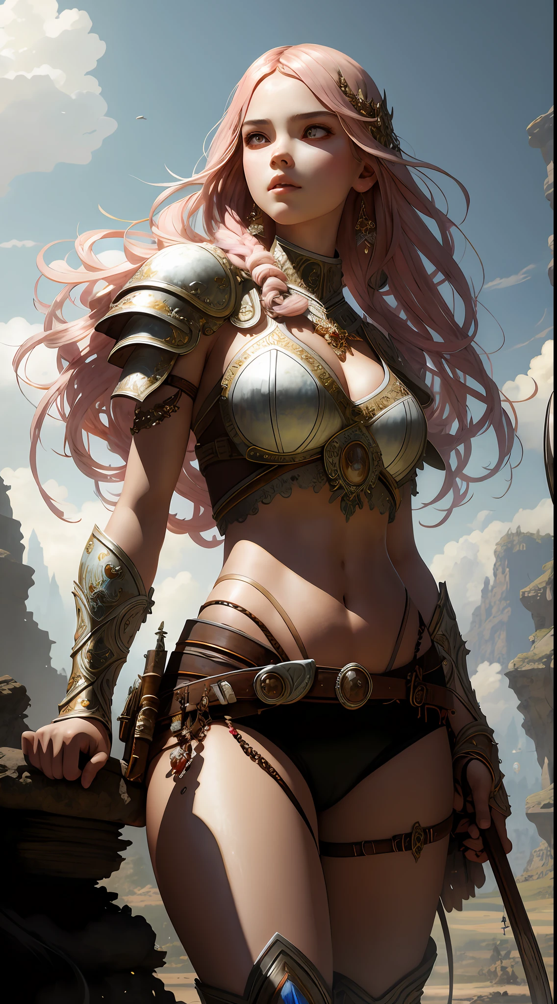 Masterpiece ultra-realistic ultra-detailed full-length portrait of a very beautiful barbarian girl, massurealism, curly hair, bright armor, white and pink colors, medium shot, intricate, elegant, sexy, frank, by stanley artgerm lau, wlop, rossdraws, james jean, andrei riabovitchev, marc simonetti, light by julie bell, ismail inceoglu, porcelain leather. global illumination.