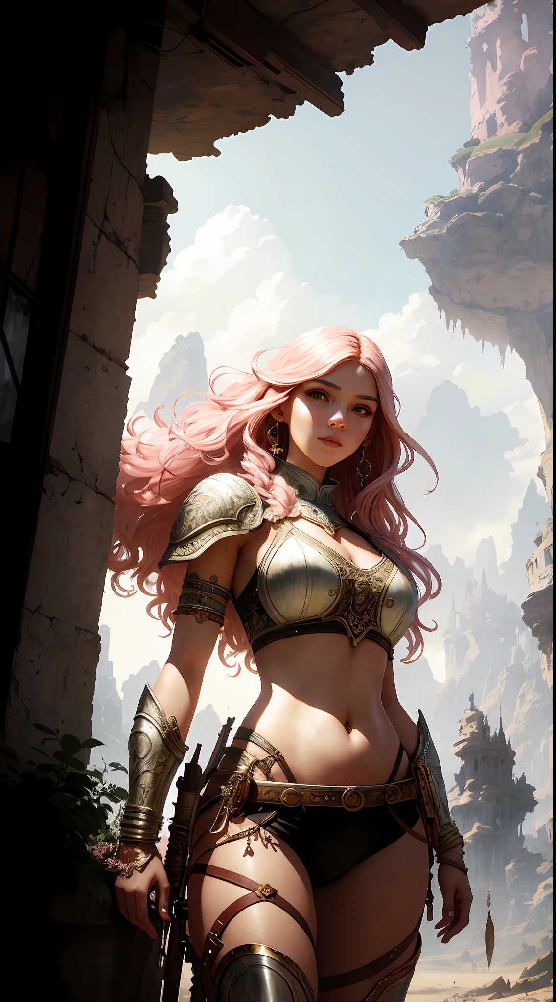 Masterpiece ultra-realistic ultra-detailed full-length portrait of a very beautiful barbarian girl, massurealism, curly hair, bright armor, white and pink colors, medium shot, intricate, elegant, sexy, frank, by stanley artgerm lau, wlop, rossdraws, james jean, andrei riabovitchev, marc simonetti, light by julie bell, ismail inceoglu, porcelain leather. global illumination.