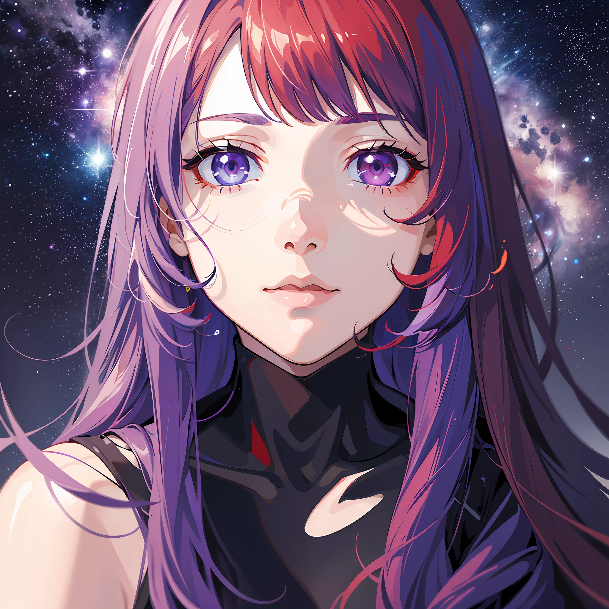 (spacescape, portrait, amazing quality),(heterochromatic eyes:1.3, long red hair),(blue:0.7, purple:1.2), vibrant,light spoon,grunge,clear, small gaussian blur) --v6