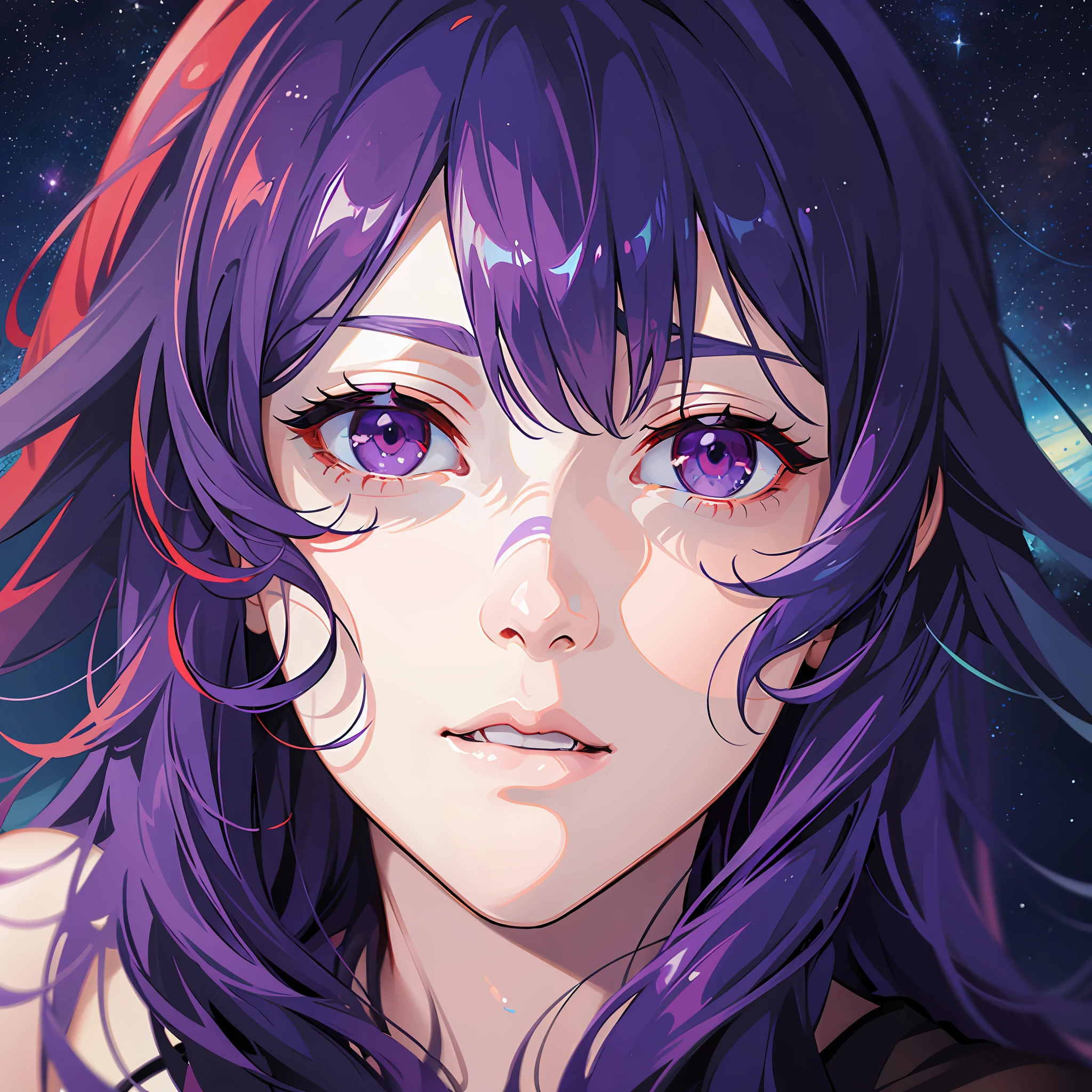 (spacescape, portrait, amazing quality),(heterochromatic eyes:1.3, long red hair),(blue:0.7, purple:1.2), vibrant,light spoon,grunge,clear, small gaussian blur) --v6