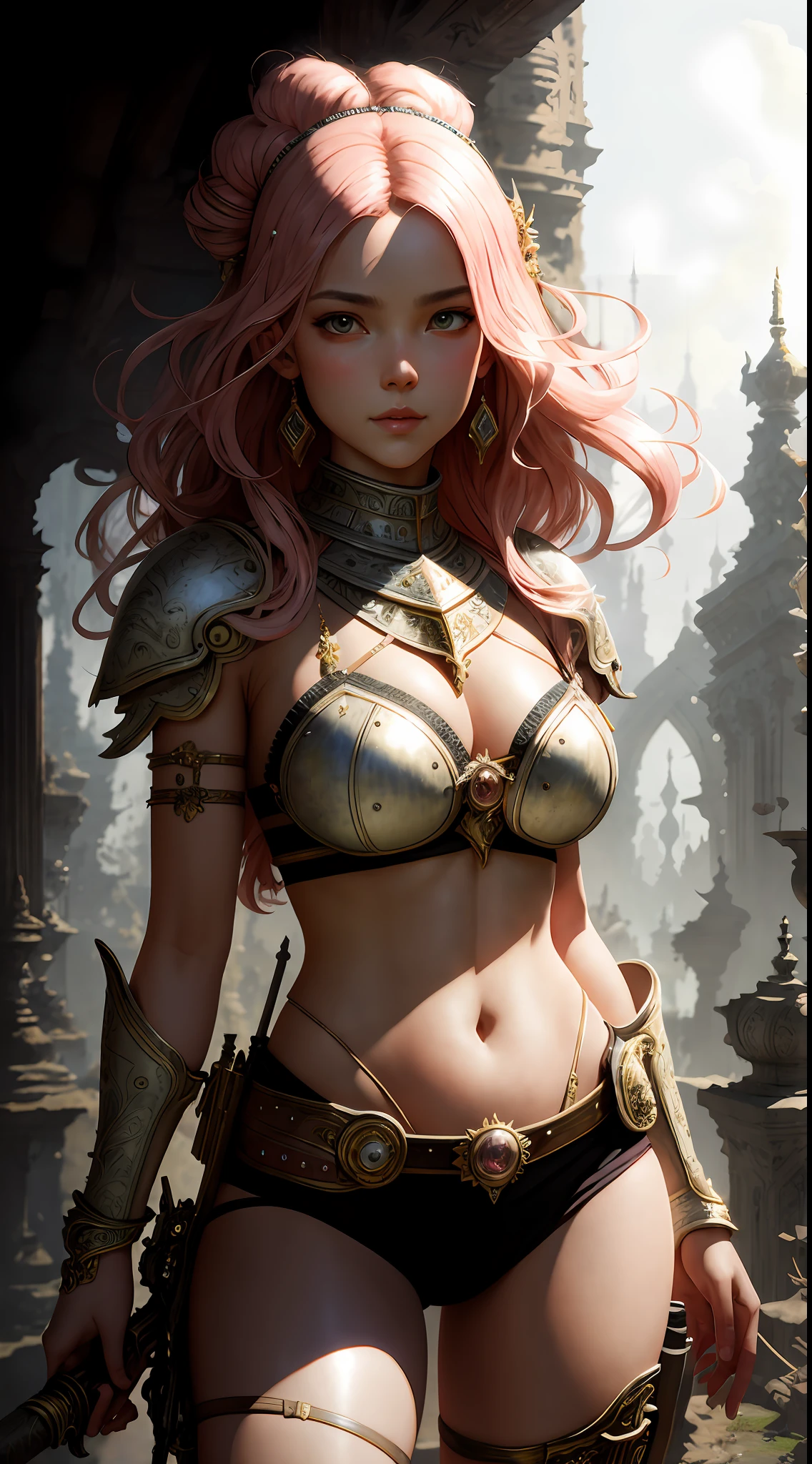 Masterpiece ultra-realistic ultra-detailed full-length portrait of a very beautiful barbarian girl, massurealism, curly hair, bright armor, white and pink colors, medium shot, intricate, elegant, sexy, frank, by stanley artgerm lau, wlop, rossdraws, james jean, andrei riabovitchev, marc simonetti, light by julie bell, ismail inceoglu, porcelain leather. global illumination.