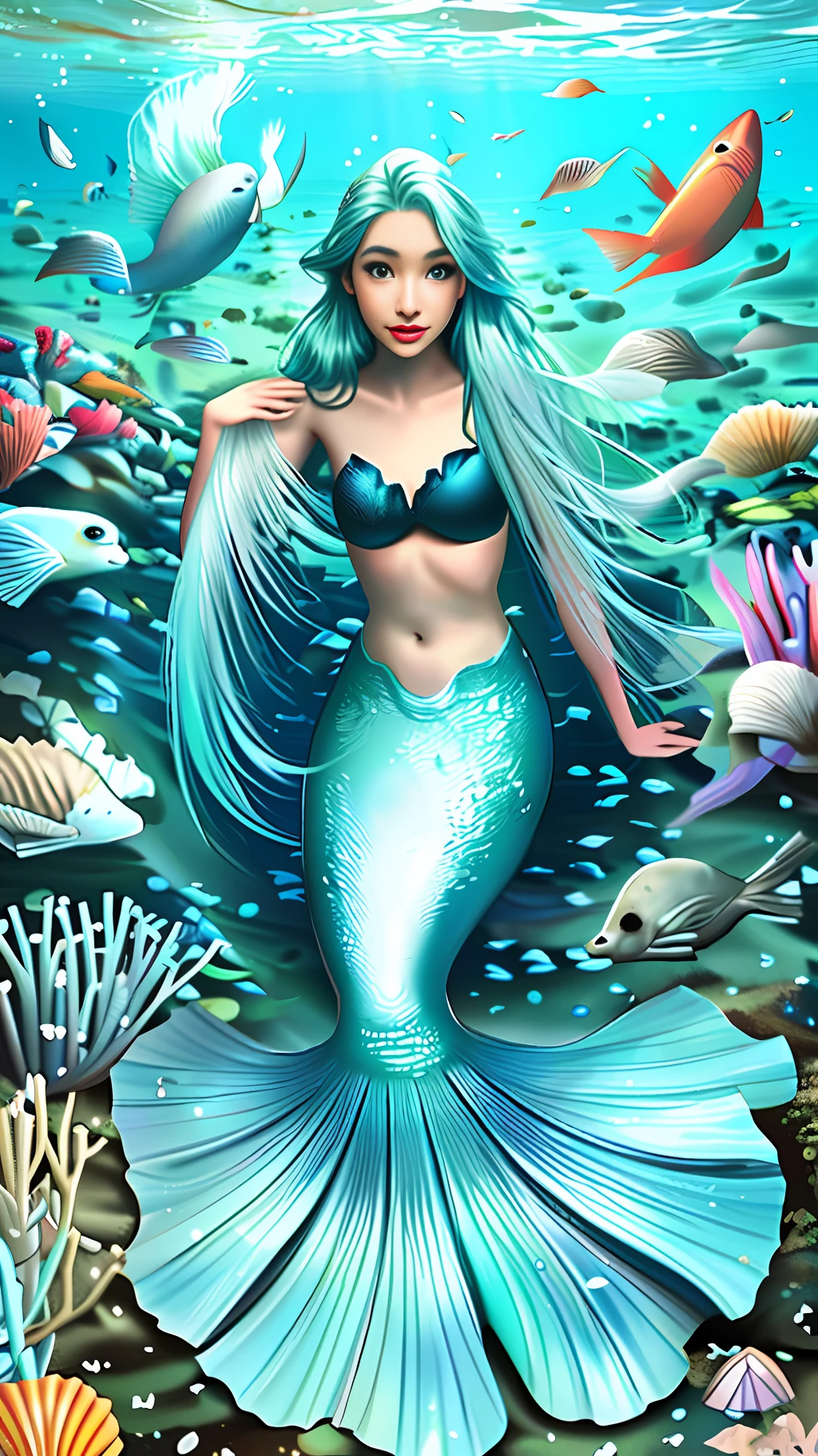 Mermaid, seabed, perfect face, algae, shells, fish, blue hair,
