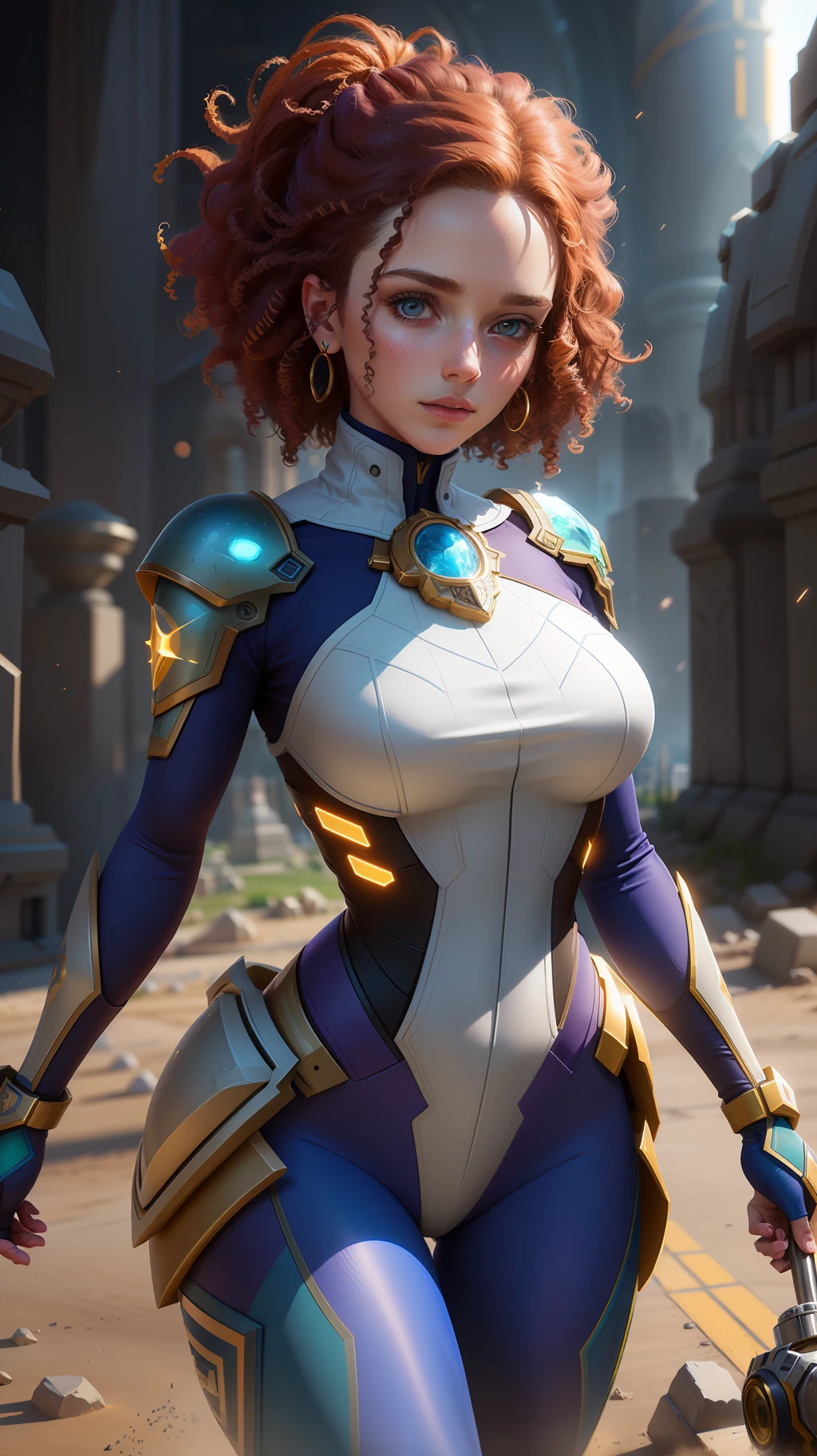 Highly detailed color RAW photography, beautiful young girl, bright clothes, dynamic pose, (wide hips), (detailed skin), (detailed lips), (detailed eyes), (space: 1.4), (necropolis: 1.1), (sci-fi setting), curly hair, explosion of colors, (detailed face), (figures), detailed eyes, chromatic aberration, depth of field, soft lighting, masterpiece, best quality, intricate, (highlight: 0.7), (bloom: 0.7), particle effects, tracing rays, tone map, high detail, concept art, smooth, sharp focus, dramatic lighting, highly detailed graphics, cinematic, hyper-realistic painting, trends on Artstation, 8K, incredible shadows, realism (highly detailed background: 1.2), midjourney art