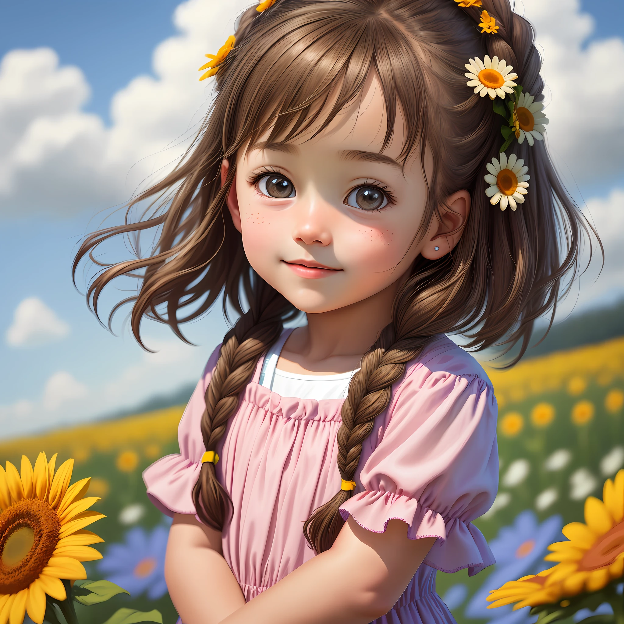 "Masterpiece, high quality, detailed, high resolution, 4k, 8k, realistic skin texture, amazing shadows, perfect lighting, hyper-realistic." A sweet  of about 5 years olda realistic features. Her light brown hair is tied up in two perfectly made braids, and she wears a pink bow on each. His brown eyes convey tenderness and innocence. She's wearing a colorful jumpsuit and holding a heart-shaped balloon. She is in a field of vibrant flowers, with daisies and sunflowers in full bloom. The sun shines softly in the blue sky, illuminating your face with a soft glow. The atmosphere is cheerful and radiant, captured in an ultra-realistic illustration. Digital illustration, tablet graphic, detailed strokes and vibrant colors, --ar 16:9 --v 5.