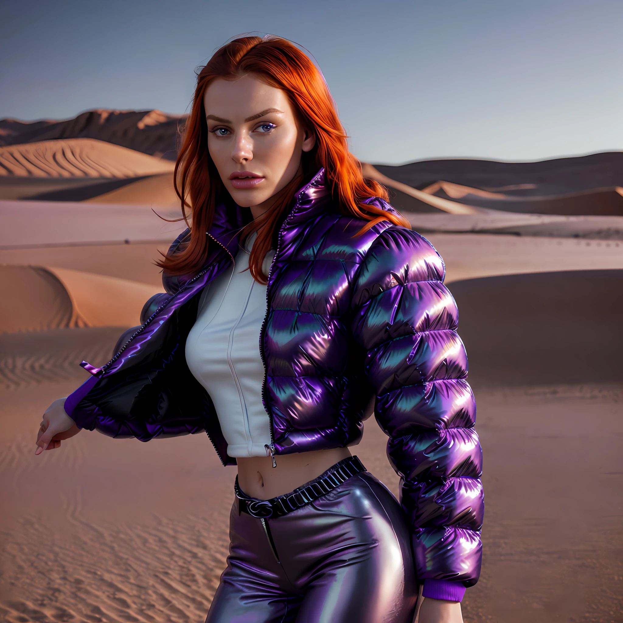 Creates a hyper realis image of an elegant (full-body woman) with Nordic facial features Irish redhead natural red hair with pleasant expression wearing) ((Balenciaga puffer jacket oversized detailed)) ((purple vivid color neon reflective metallic )), parading in the Sahara desert with intense desert sun illumination hyper realistic natural landscape, better image quality,  High Resolution Photography Camera 100mm Lens