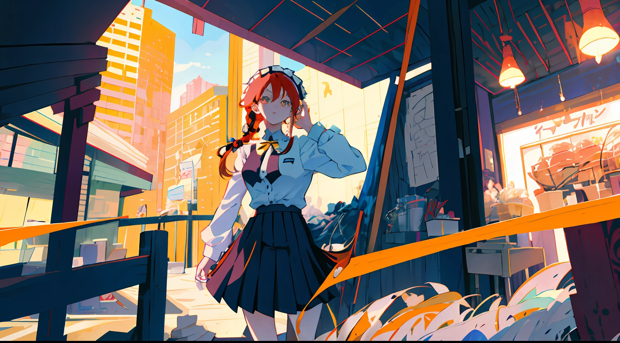 Makima\(chainsaw man\), ((1girl)), absurd, bangs, underwear, black tie, black pants, braid, braided ponytail, collared shirt, skirt, high resolution, long hair, long sleeves, tie , red hair, ring eyes, shirt, solo, uniform, white shirt, yellow eyes, big boobs, 8k, scantily clad, transparent nsfw, open legs, raised skirt, open shirt pantys, Create a heartwarming anime key visual featuring maids in a cozy café setting in Tokyo. Focus on their warm interactions with customers and the inviting atmosphere of the café. Incorporate elements of Tokyo Animation's charming character designs and attention to detail to capture the essence of their style