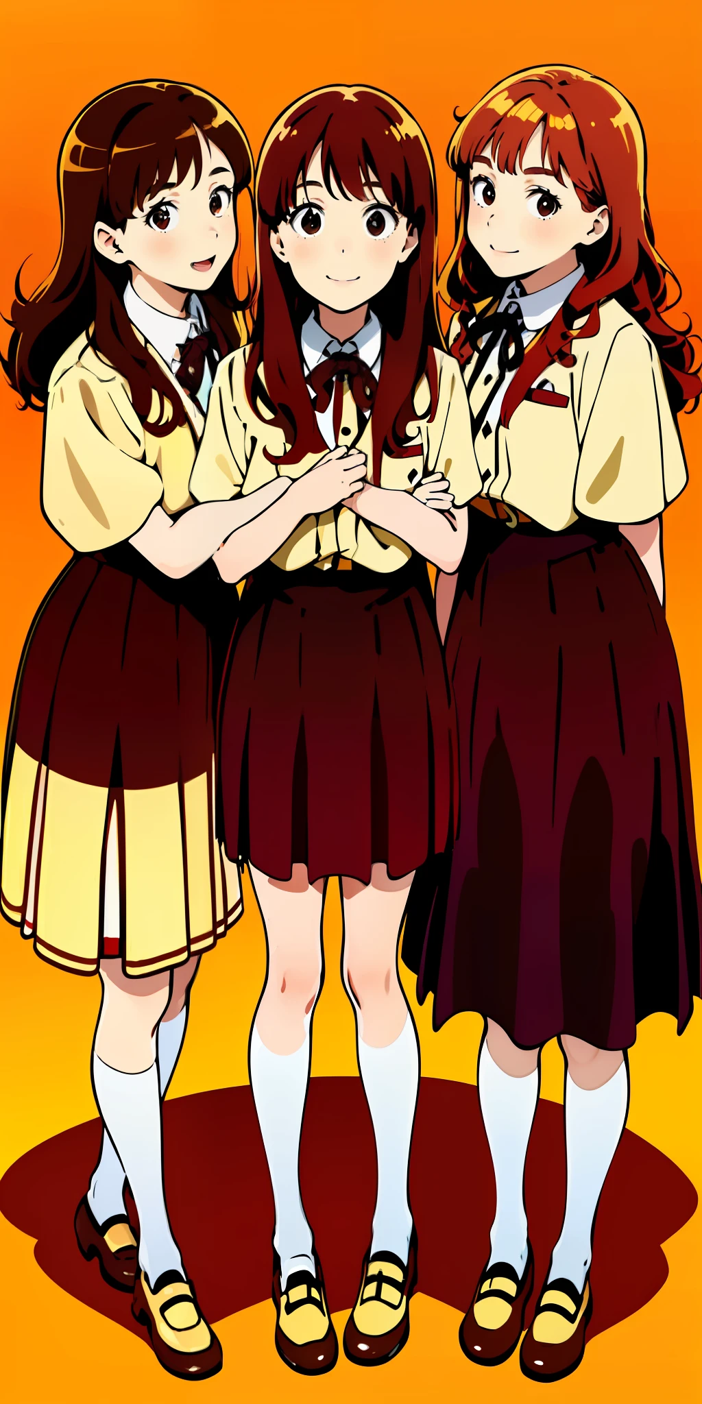 Woman, brown hair, curly hair, long hair, hazel eyes, extremely detailed, smile, school uniforms, full body shot, matching outfits, identical outfits, blonde hair, red hair, different hair colors, (((3girls, triplet sisters, brown hair, blonde hair, red hair)))