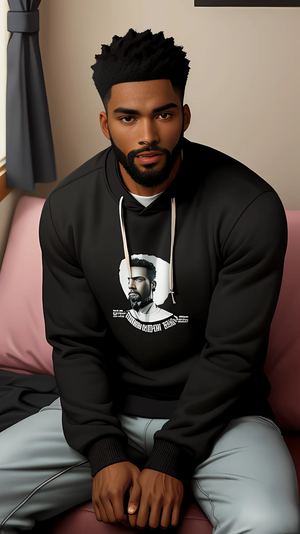 Handsome black man in sweatshirt sitting in his room. Short beard black hair solo alone
