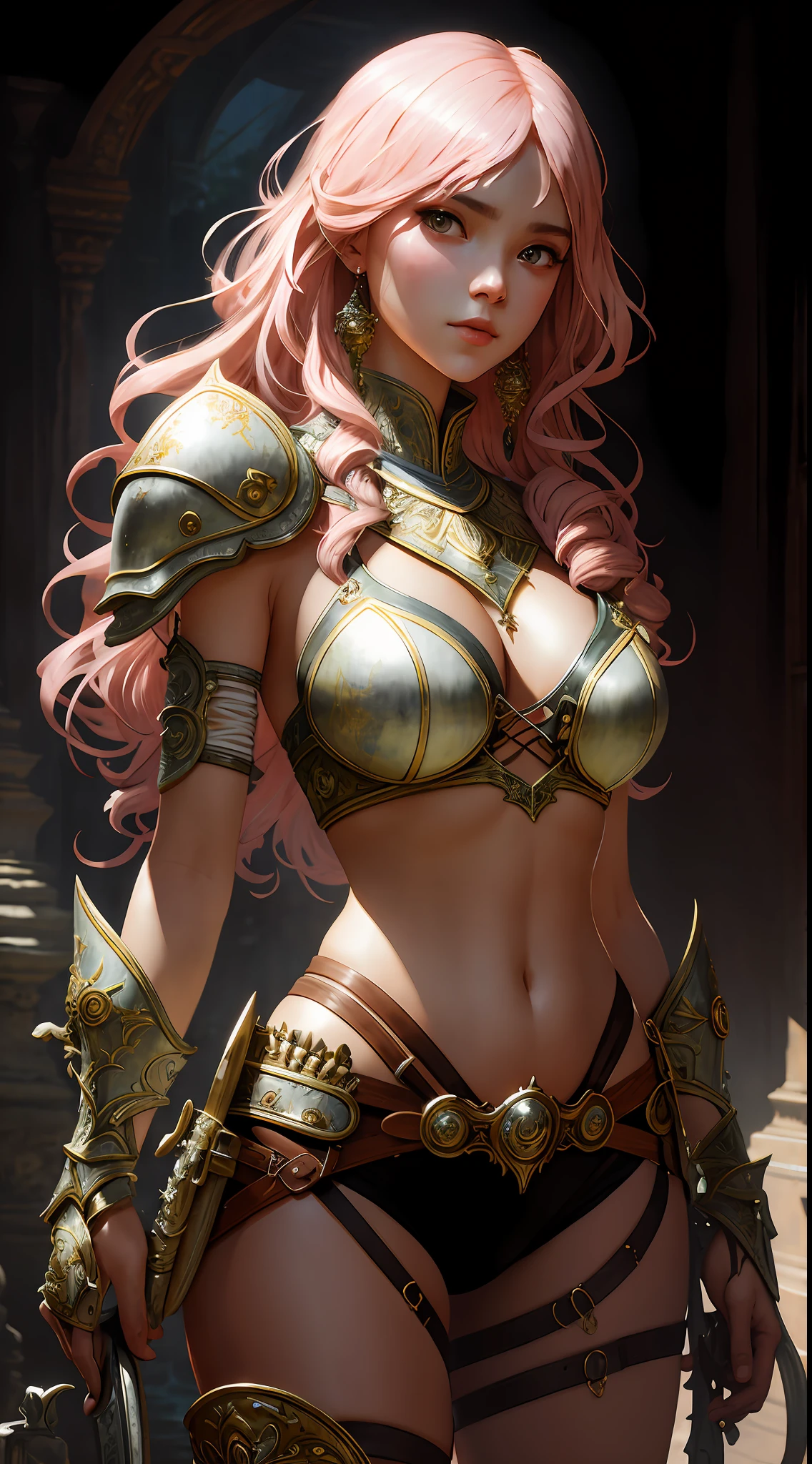 Masterpiece ultra-realistic ultra-detailed full-length portrait of a very beautiful barbarian girl, massurealism, curly hair, bright armor, white and pink colors, medium shot, intricate, elegant, sexy, frank, by stanley artgerm lau, wlop, rossdraws, james jean, andrei riabovitchev, marc simonetti, light by julie bell, ismail inceoglu, porcelain leather. global illumination.