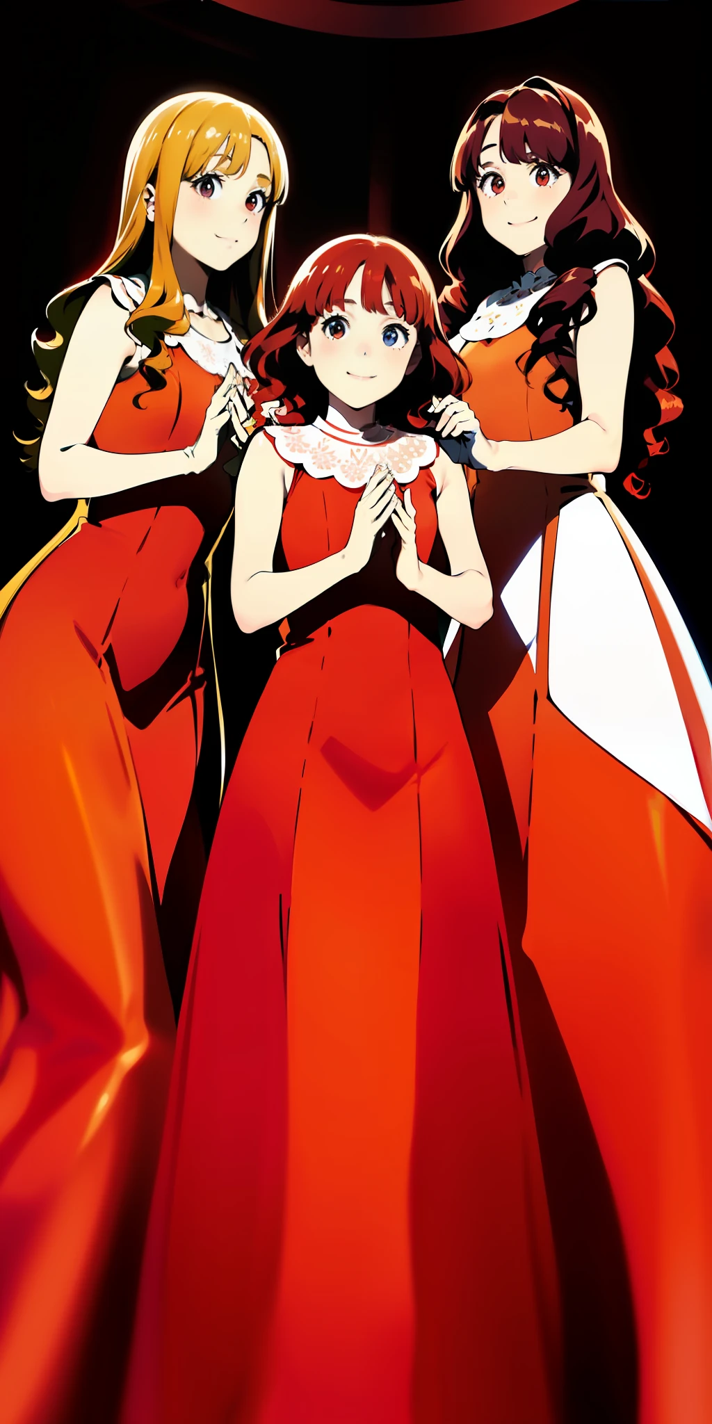 Woman, brown hair, curly hair, long hair, hazel eyes, extremely detailed, smile, sleeveless dresses, white elbow length gloves, elegant, high heels, full body shot, matching outfits, identical outfits, blonde hair, red hair, different hair colors, (((3girls, triplet sisters, matching dresses)))